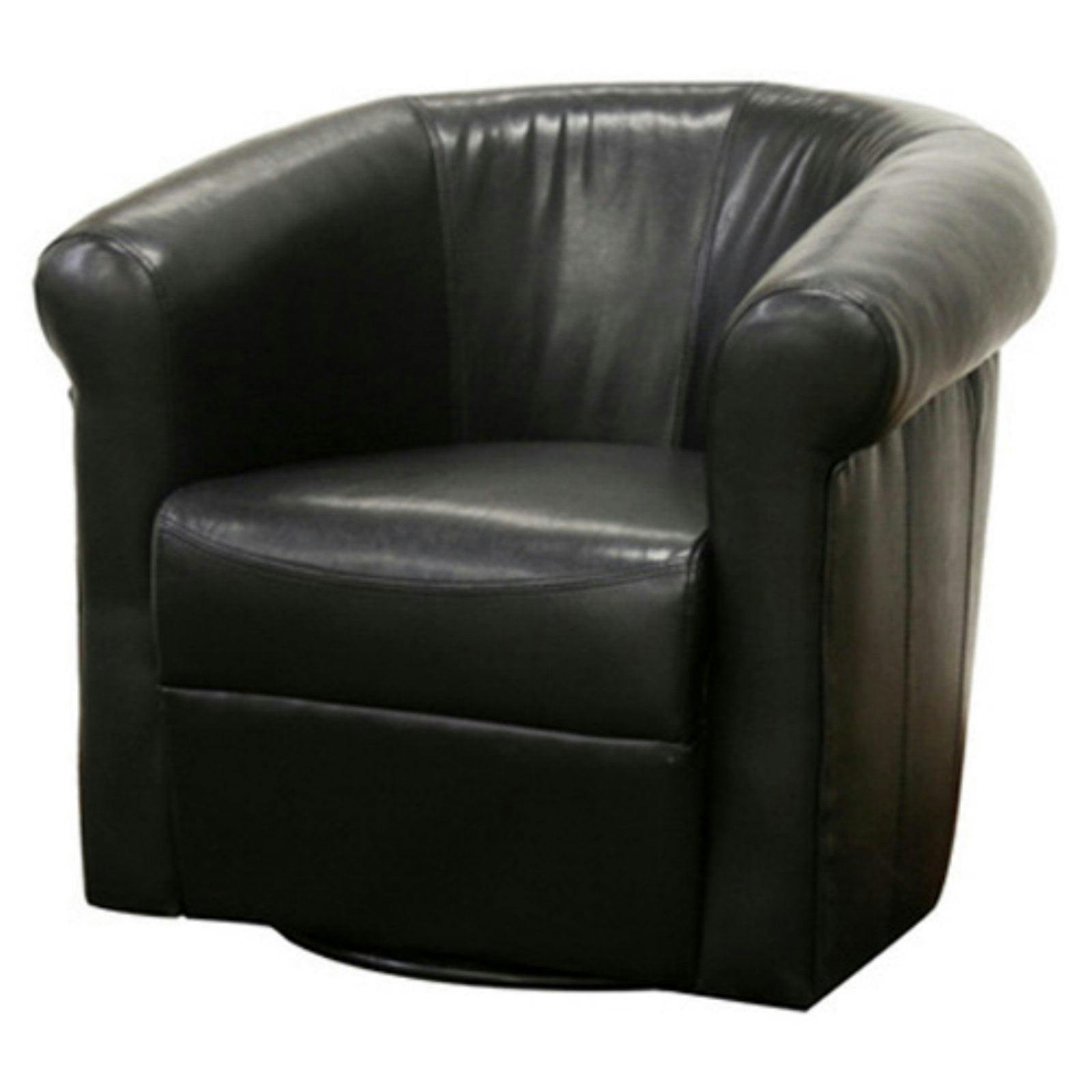 Swivel Barrel Accent Chair in Black Faux Leather with Wooden Frame