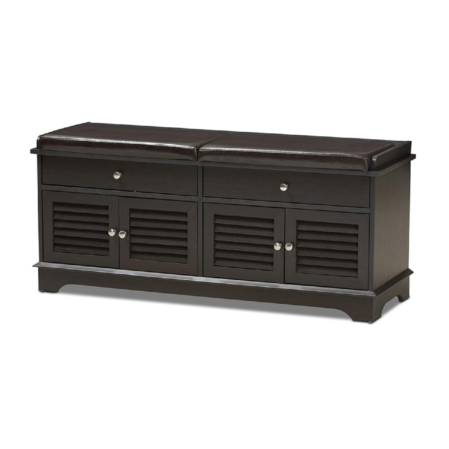 Contemporary Dark Brown Wood 2-Drawer Shoe Storage Bench with Faux Leather Cushion