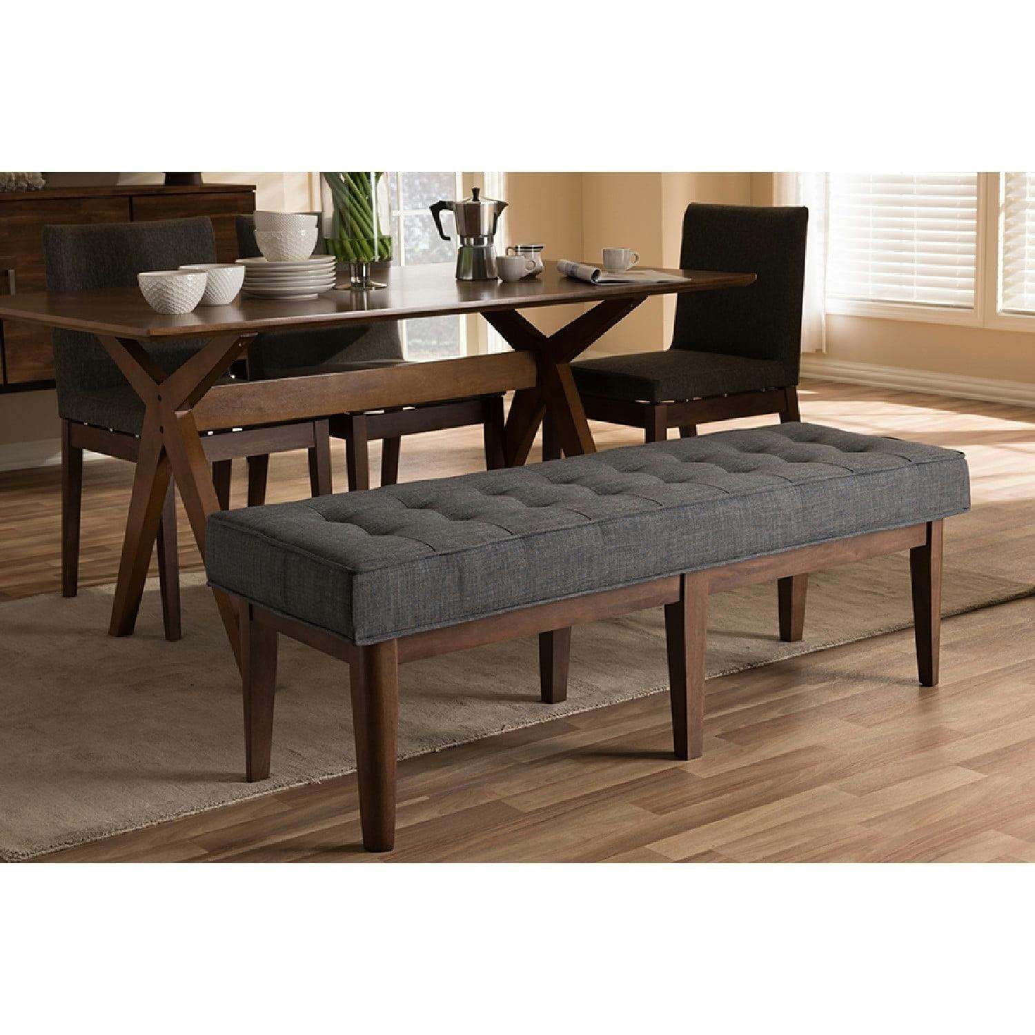Lucca Mid-Century Button-Tufted Bench in Dark Grey and Walnut