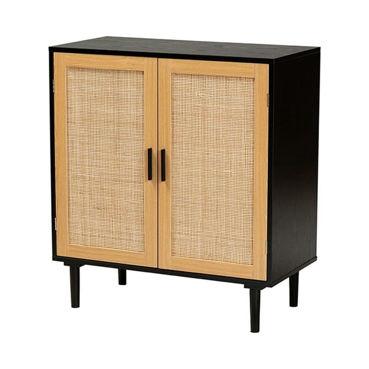 Espresso Brown Solid Wood & Rattan Freestanding Office Cabinet