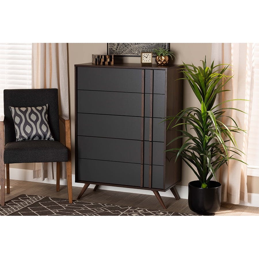 Retro Naoki 5-Drawer Chest in Two-Tone Gray and Walnut