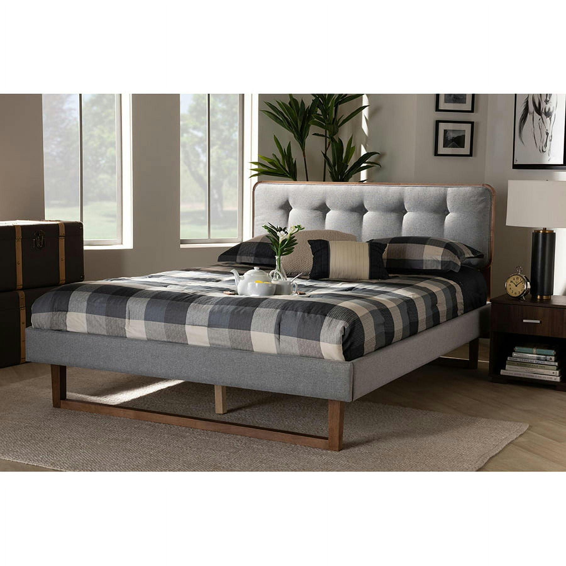 Ash Walnut and Light Grey Tufted Full Platform Bed with Slats