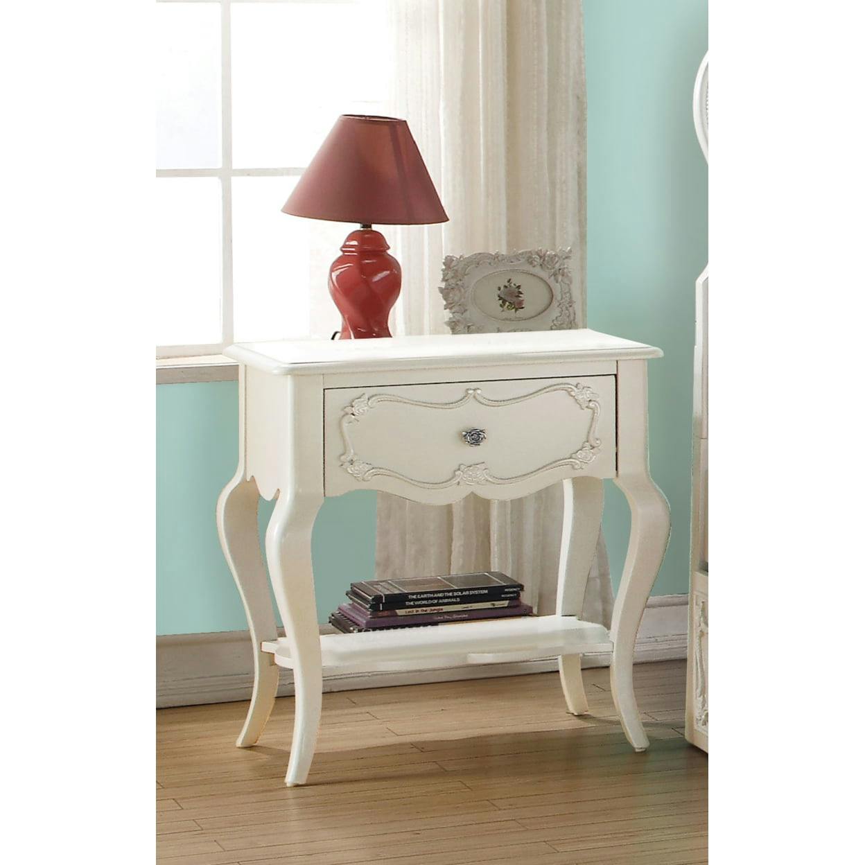 Edalene Pearl White Pine Wood Nightstand with Floral Carving