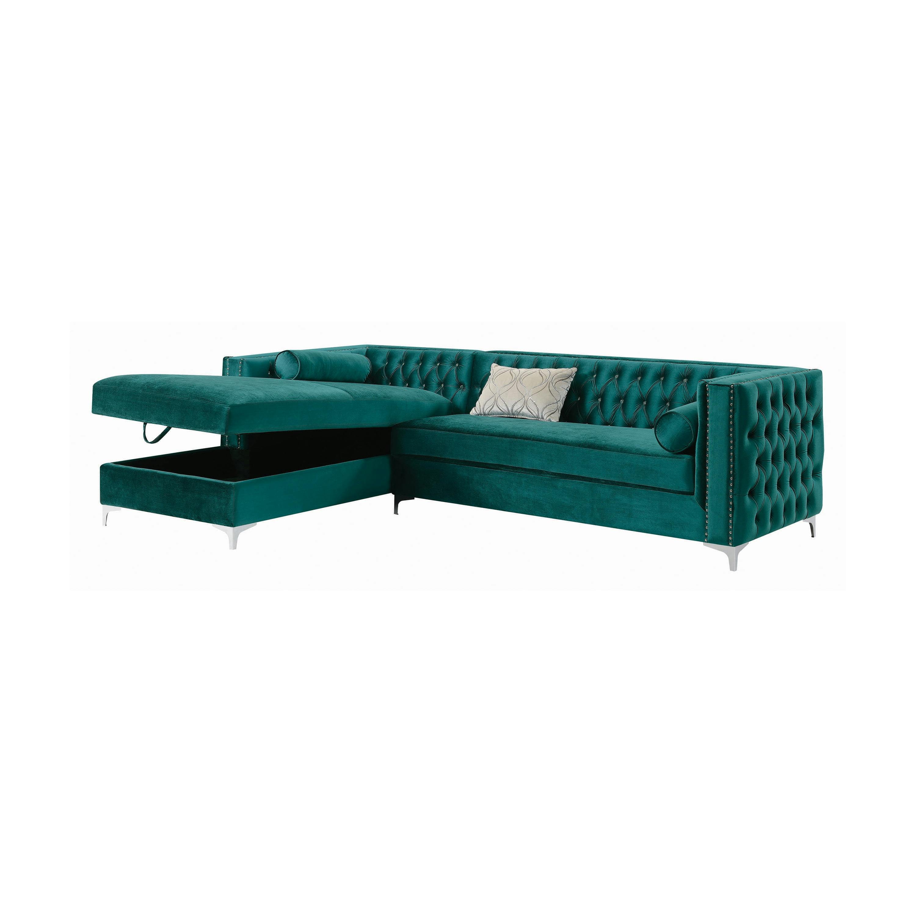 Teal Velvet Tufted Sectional with Nailhead Accents and Storage