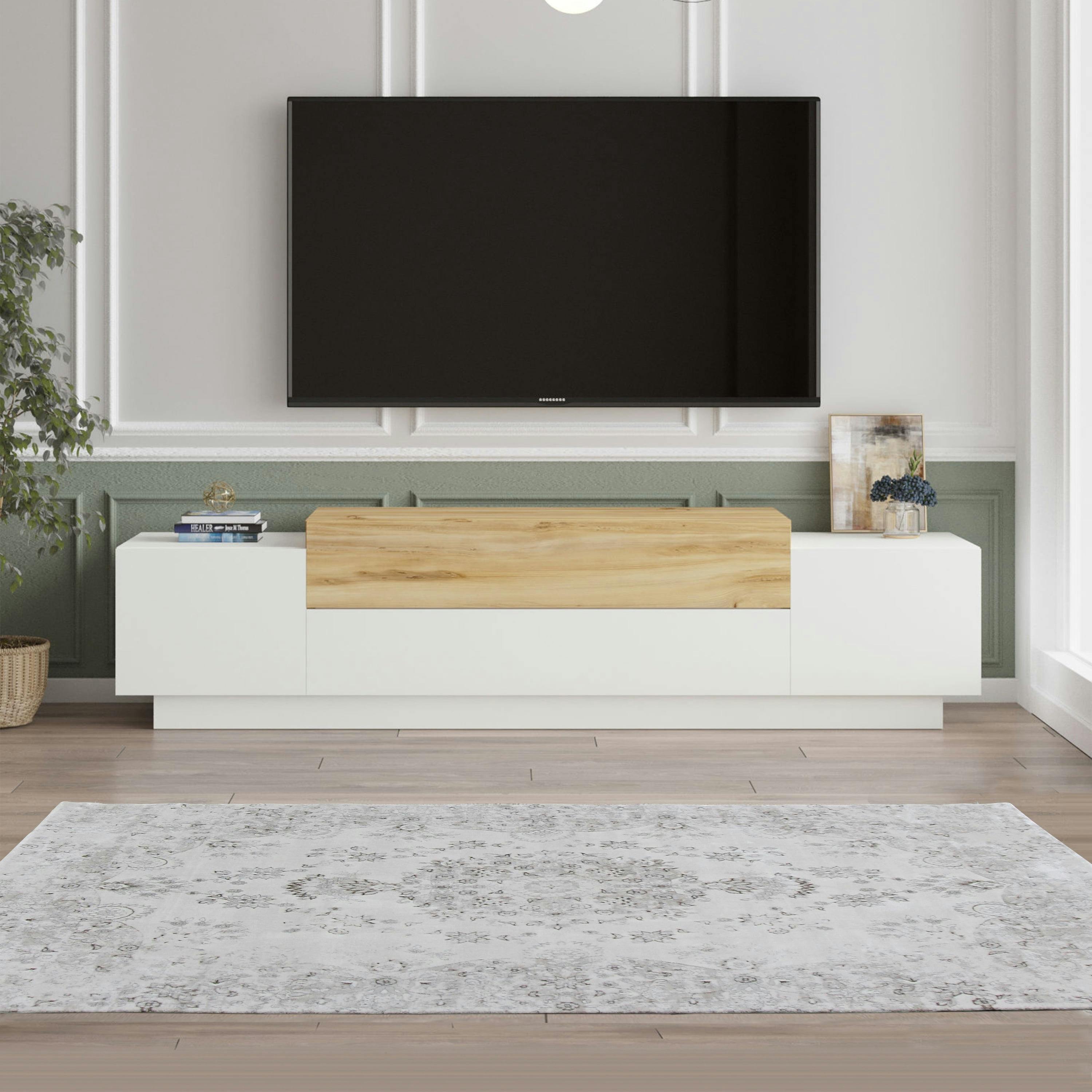 Belle 63" White and Natural Wooden TV Console with Drawer