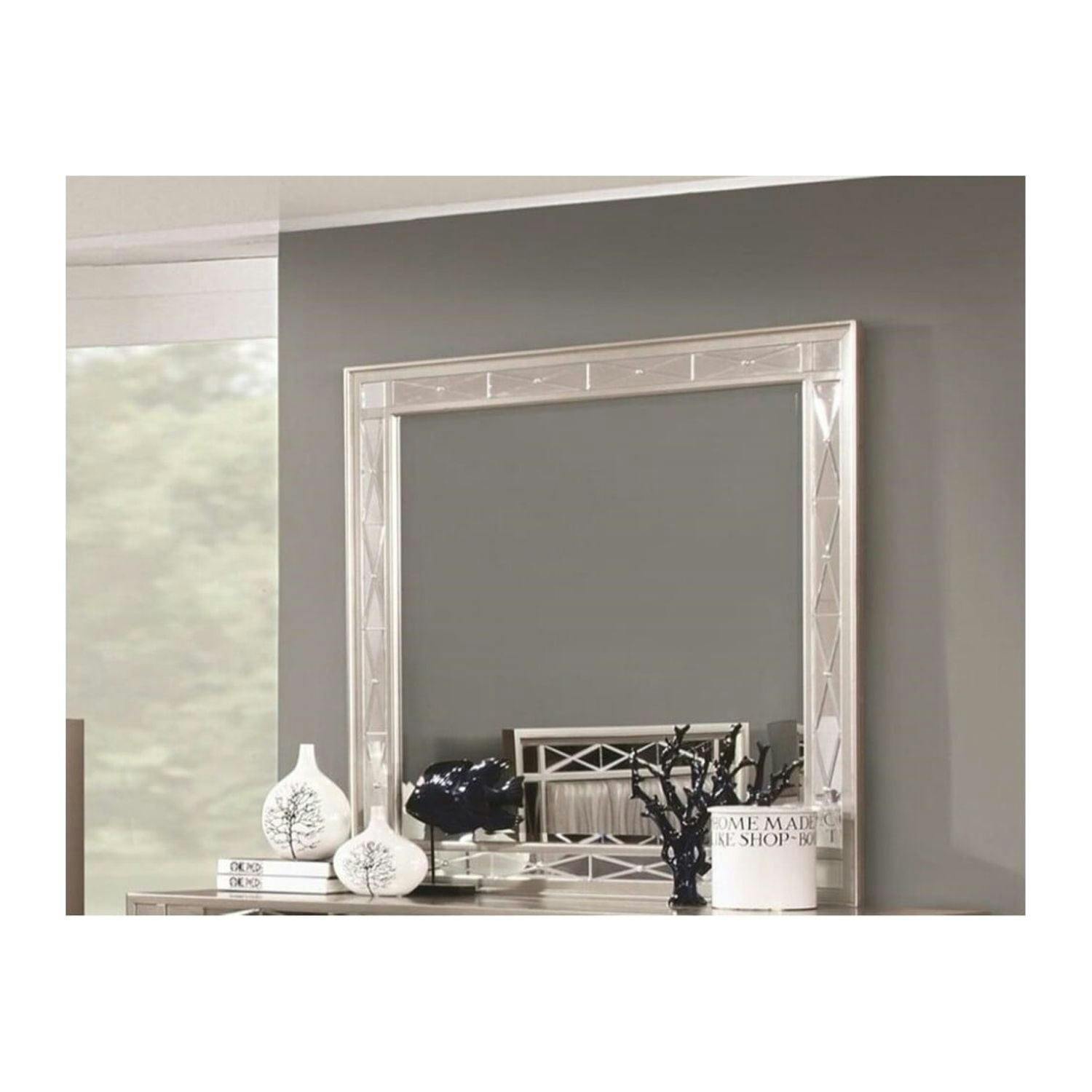 Elegant Mercury White 40.5'' Geometric Vanity Mirror with Silver Accents