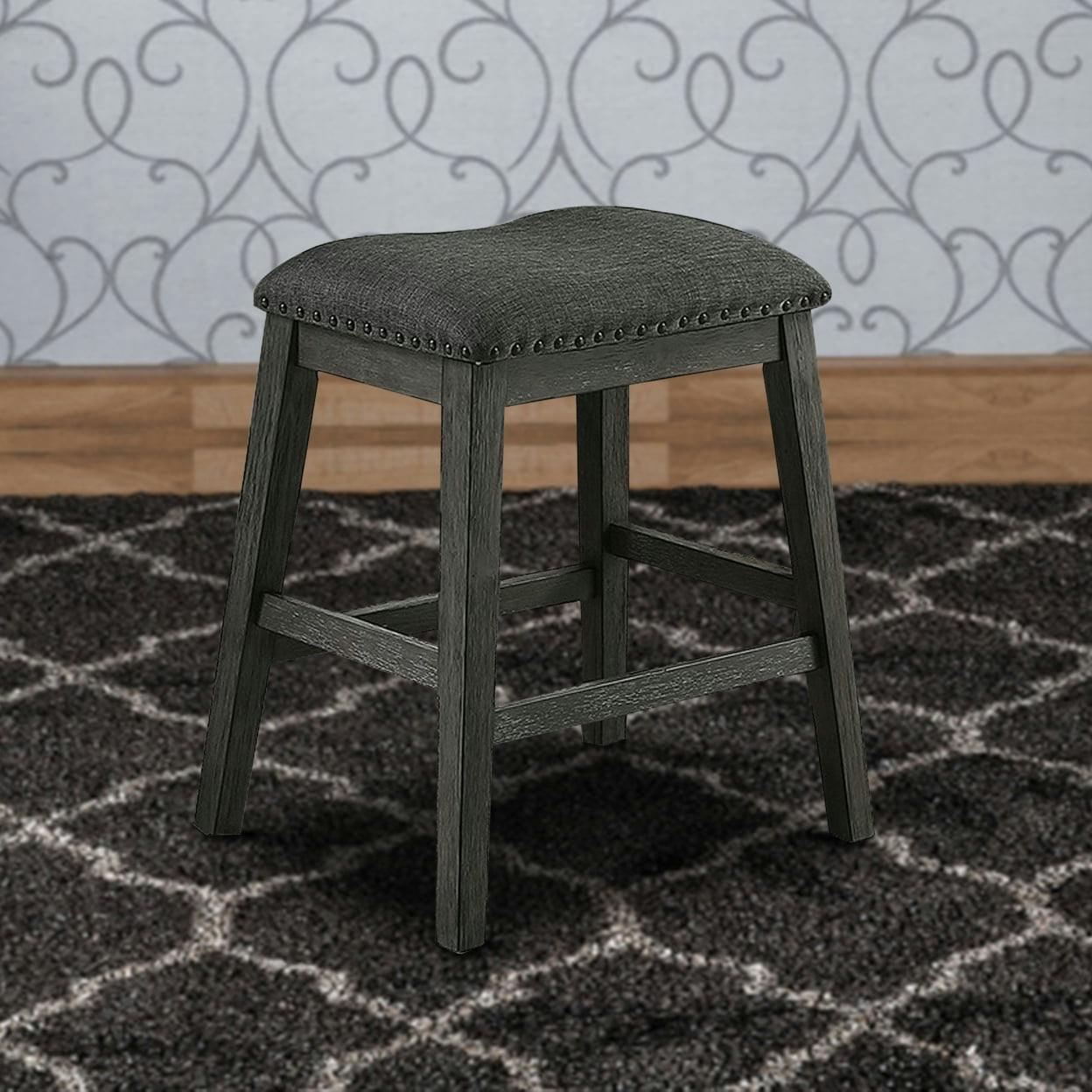 Gray Linen Upholstered Saddle Counter Stool with Nailhead Trim