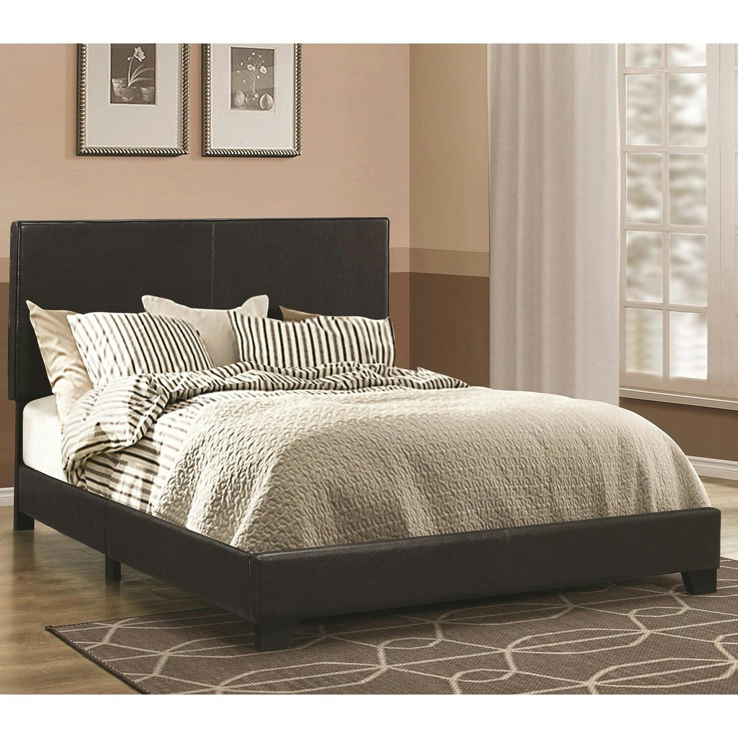 Contemporary Black Leather Full Platform Bed with Stitched Headboard