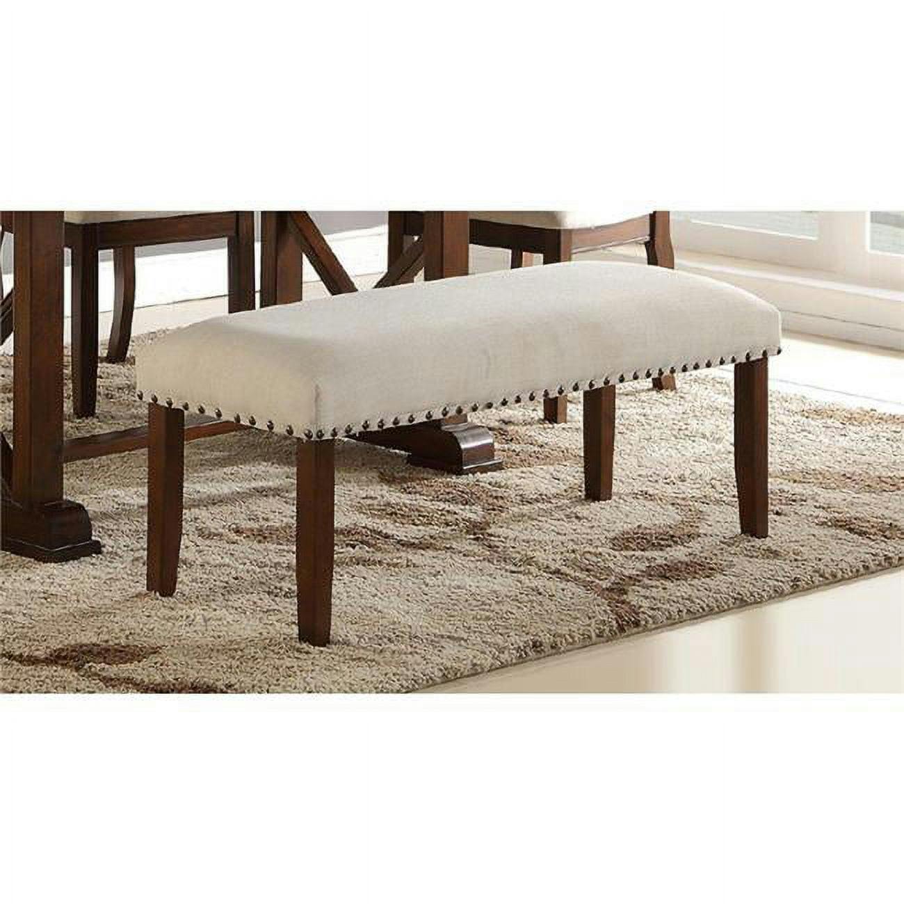 Contemporary Cream and Brown Rubberwood Nailhead Bench