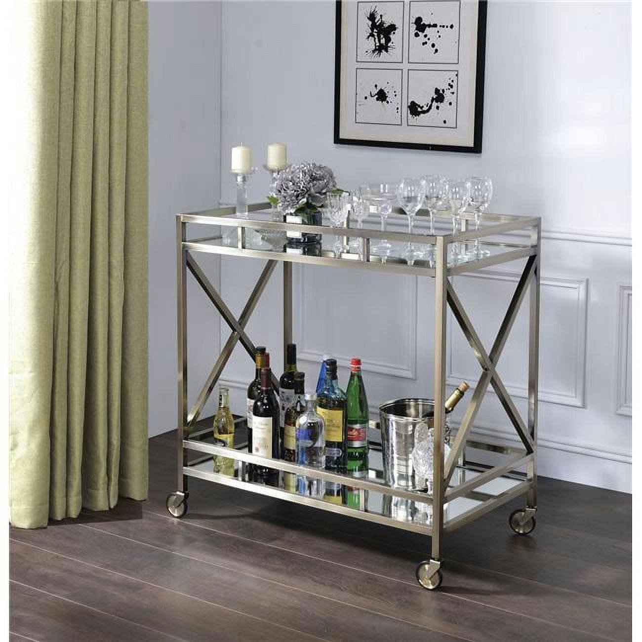 Elegant Silver Metal and Glass Rectangular Serving Cart with Wine Storage