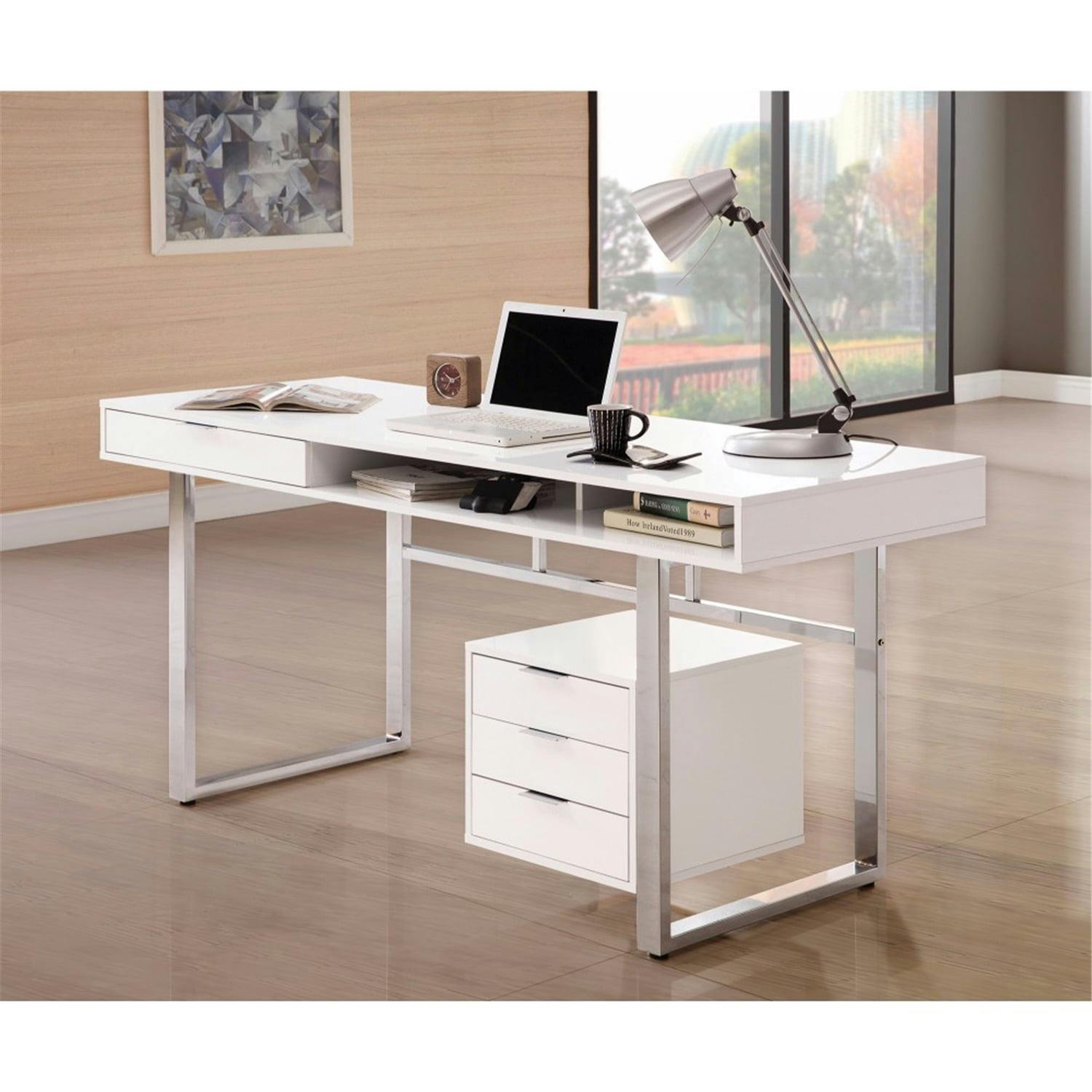 Glossy White Solid Wood Writing Desk with Chrome Accents