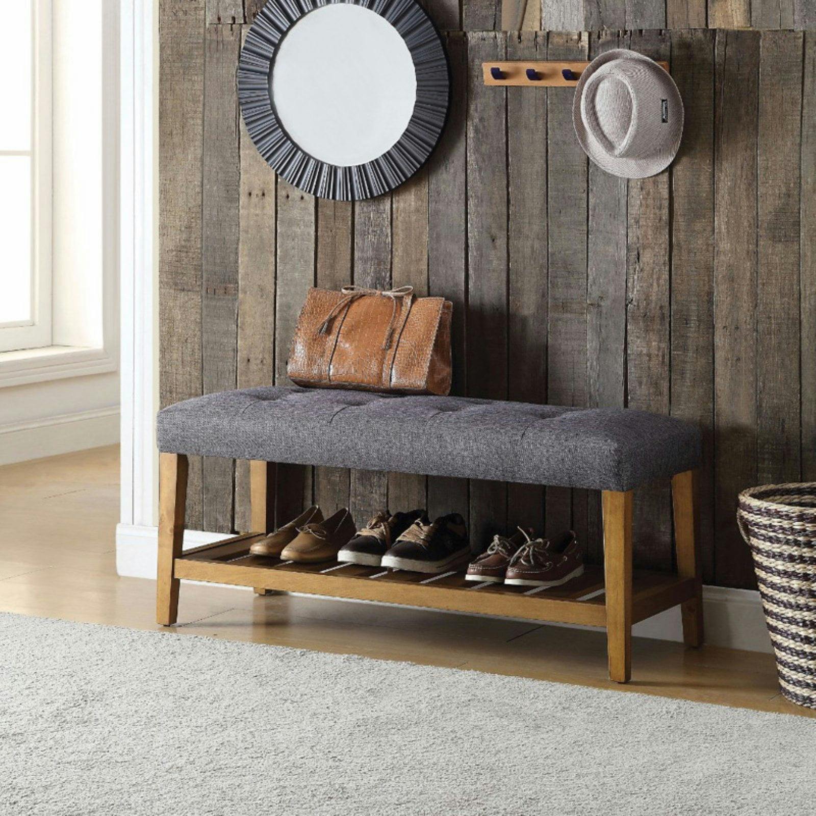 Craftsman Era Inspired Gray & Oak Wooden Bench with Storage Shelf