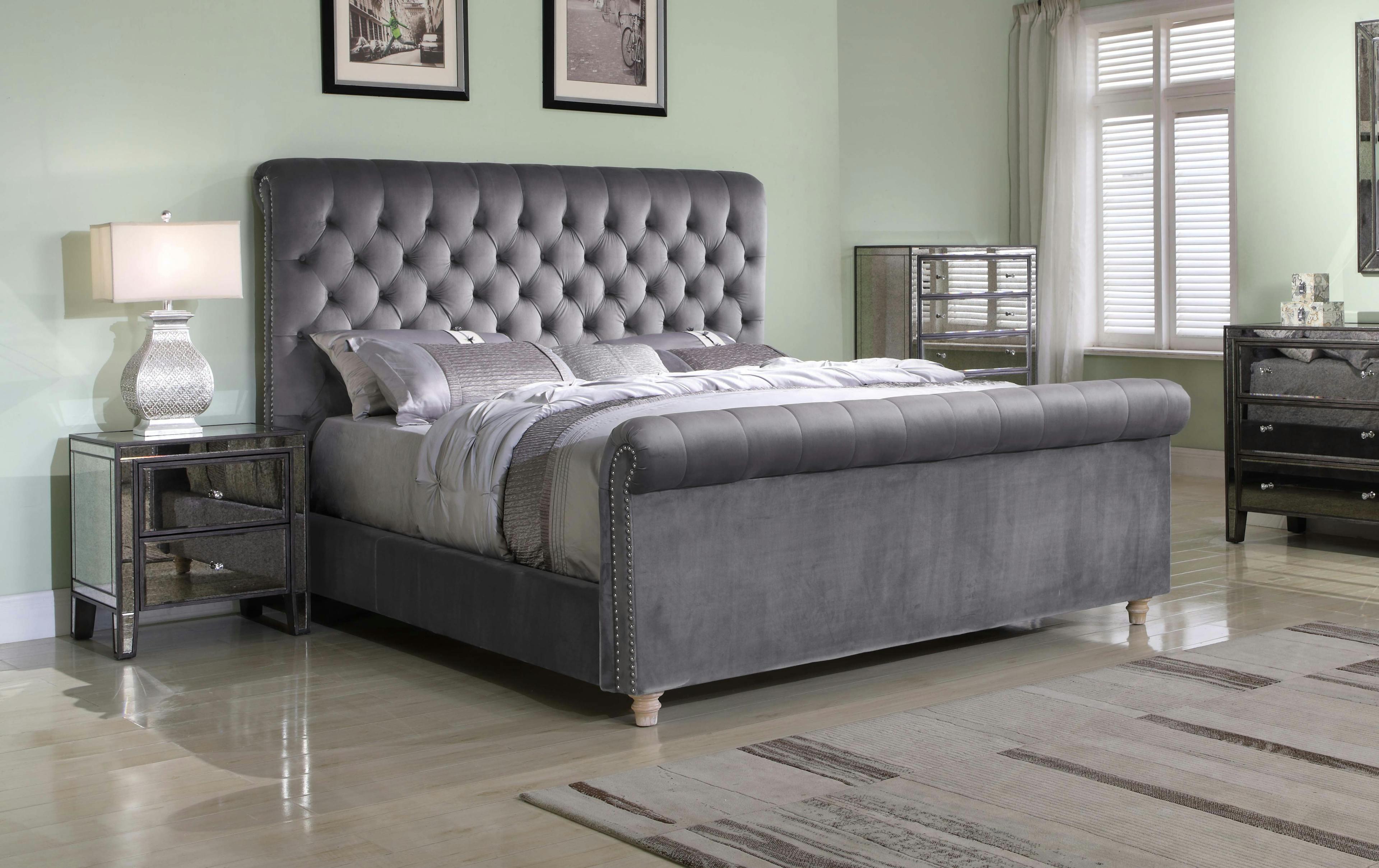 Eastern King Grey Velvet Upholstered Sleigh Bed with Tufted Headboard