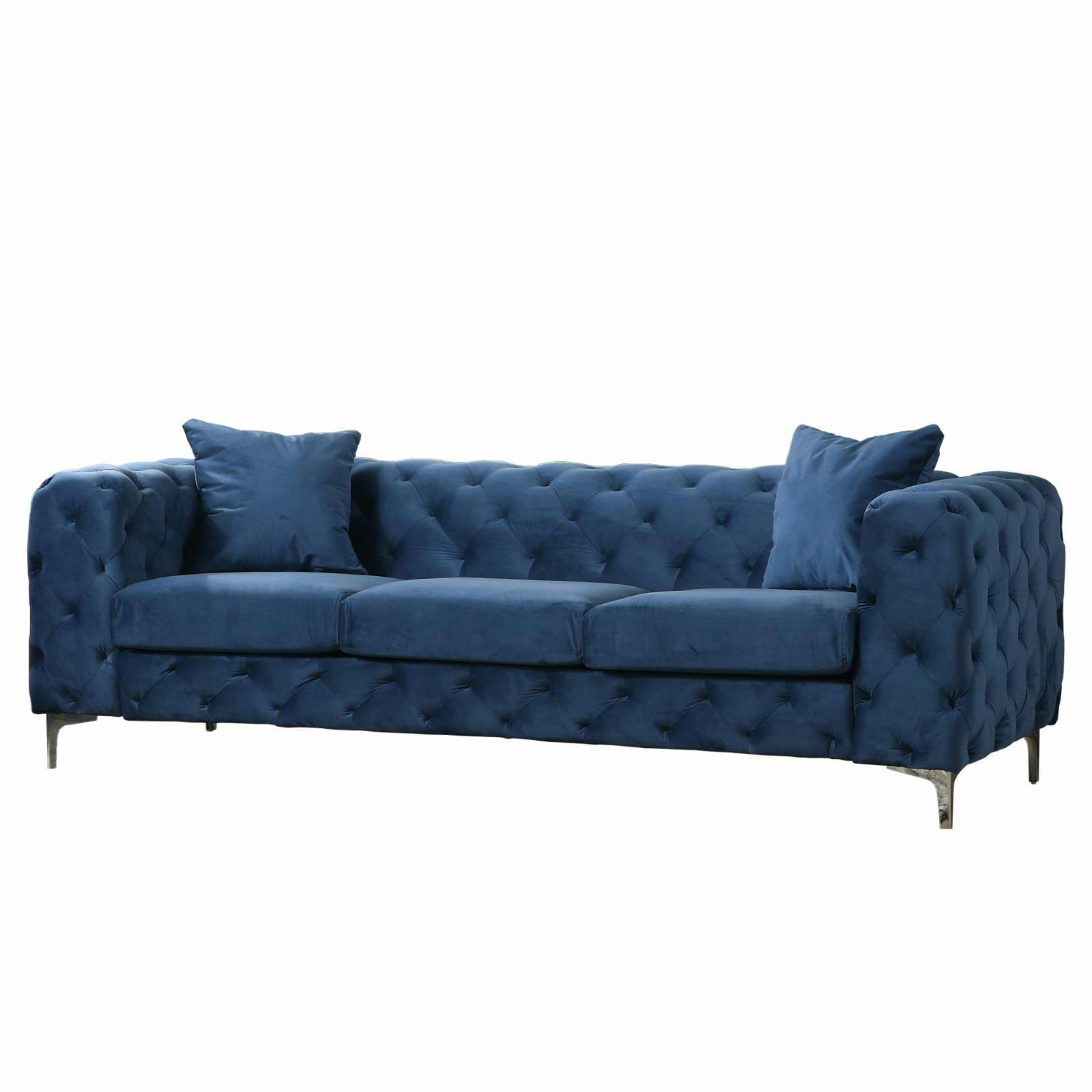 Nigel 84" Blue Velvet Tufted Sofa with Nailhead Details