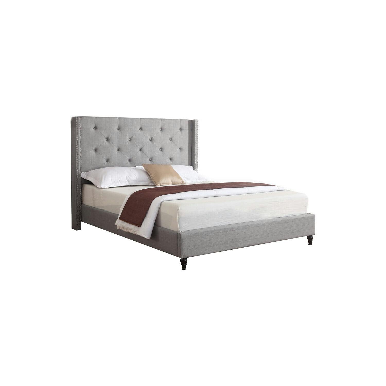 Elegant Linen Queen Platform Bed with Tufted Wingback and Nailhead Trim