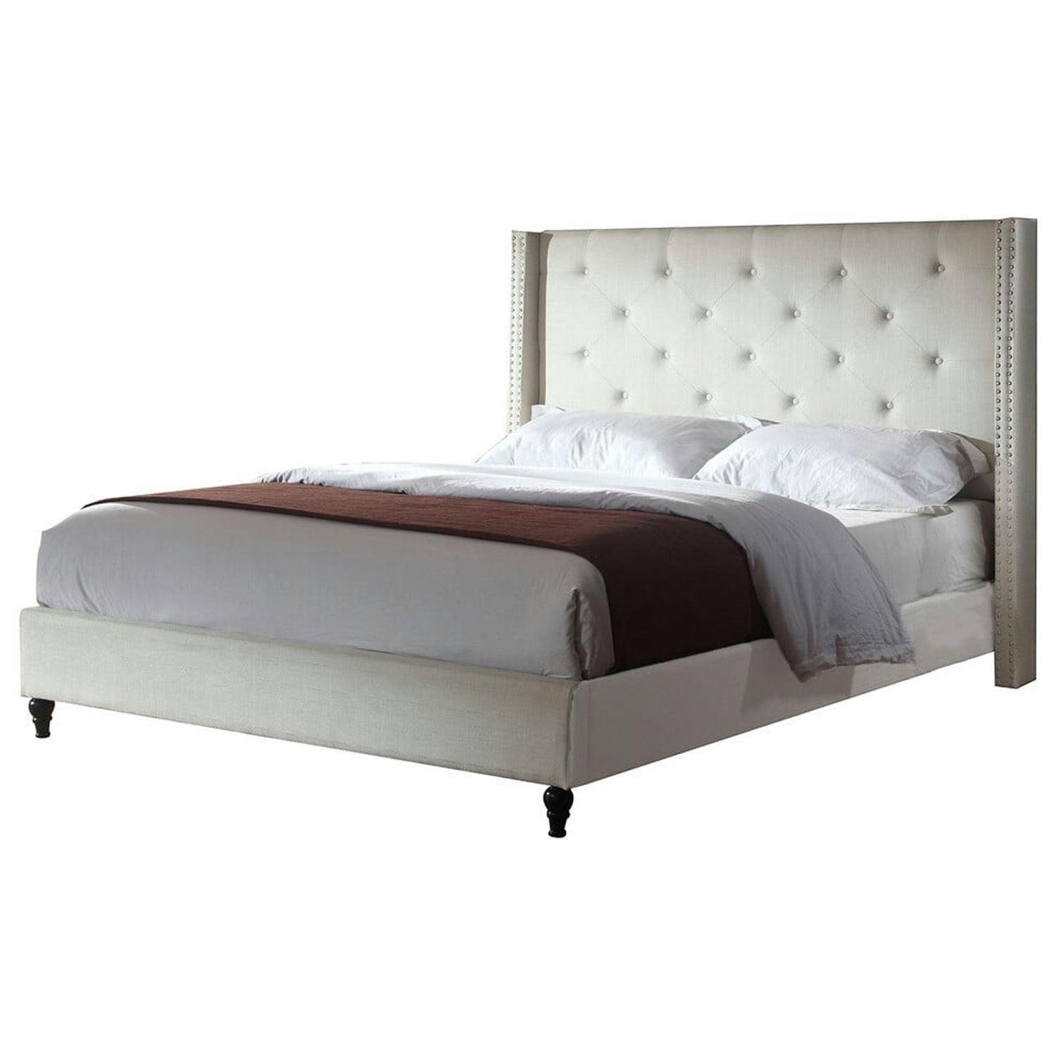 Elegant Linen Upholstered Queen Bed with Tufted Wingback Headboard