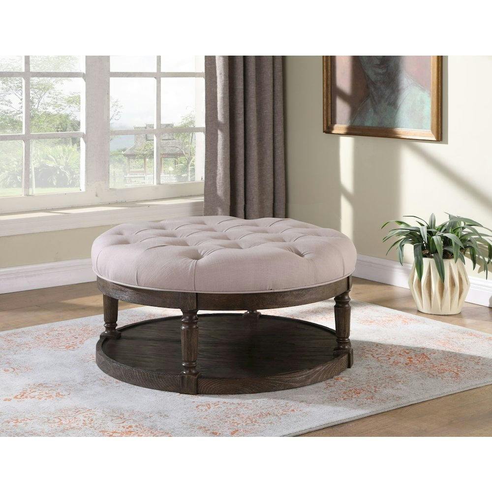 Rustic Gray Beige Linen Tufted Round Cocktail Ottoman