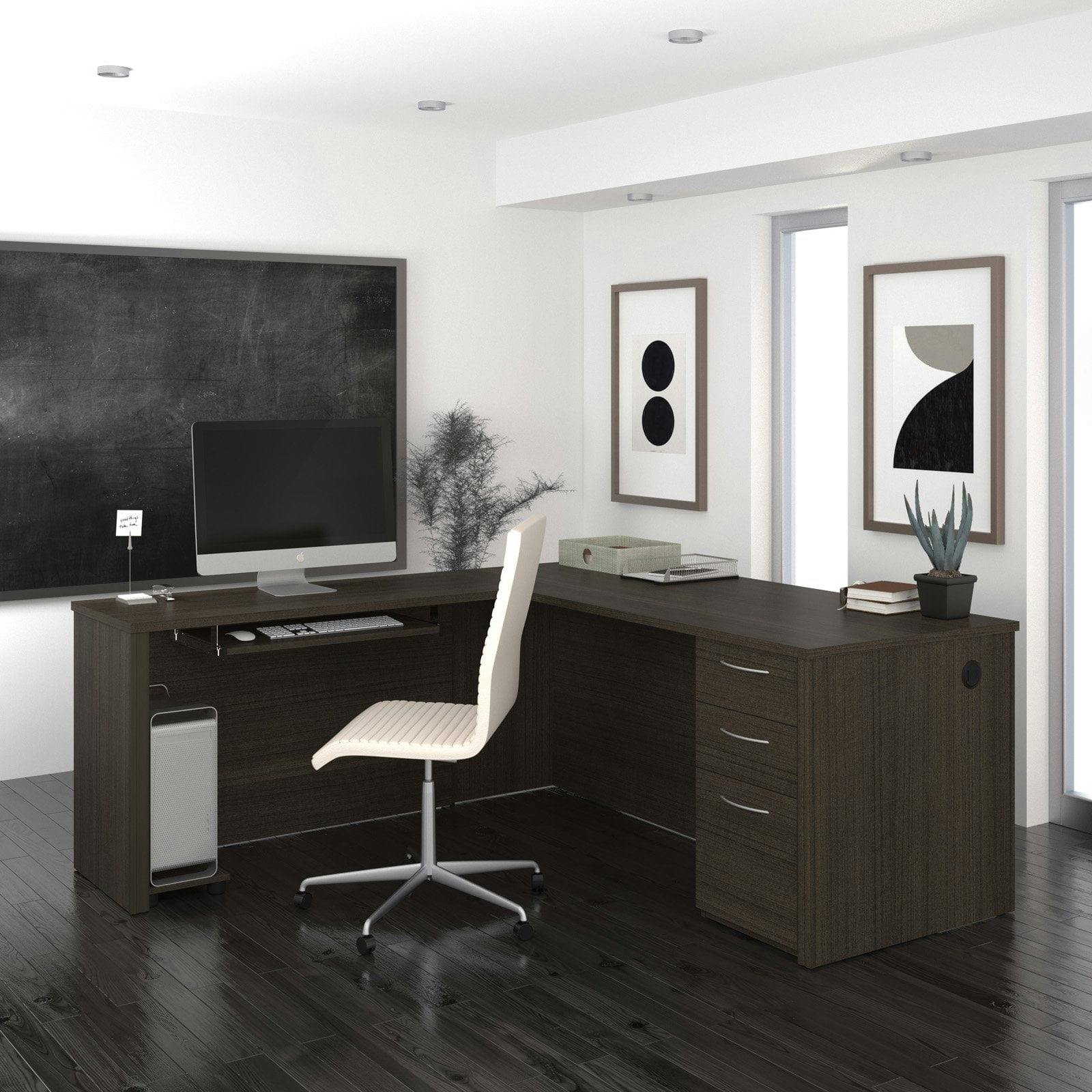 Contemporary Modern Brown L-Shaped Home Office Desk with Filing Drawer