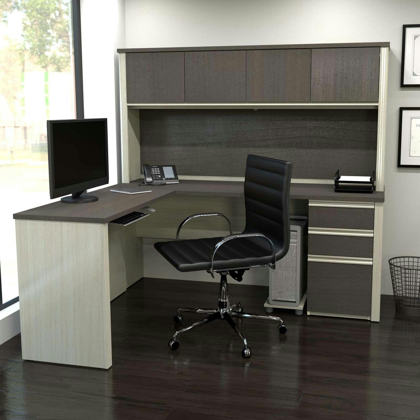 Contemporary White and Antigua L-Shaped Desk with Hutch and Drawers