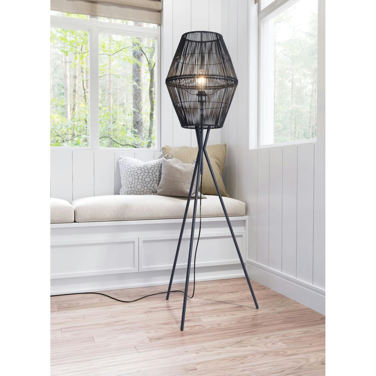 Modern Black Bamboo & Steel Tri-Legged Floor Lamp