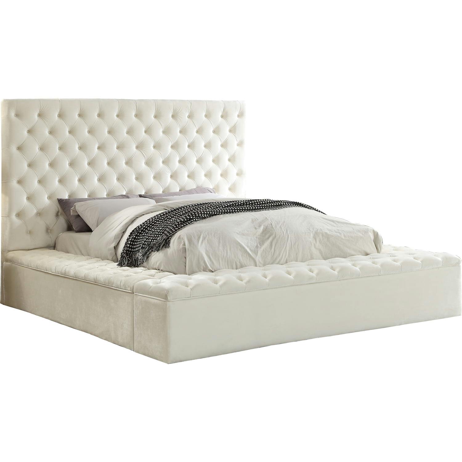 Elegant Bliss King-Size White Velvet Upholstered Bed with Storage