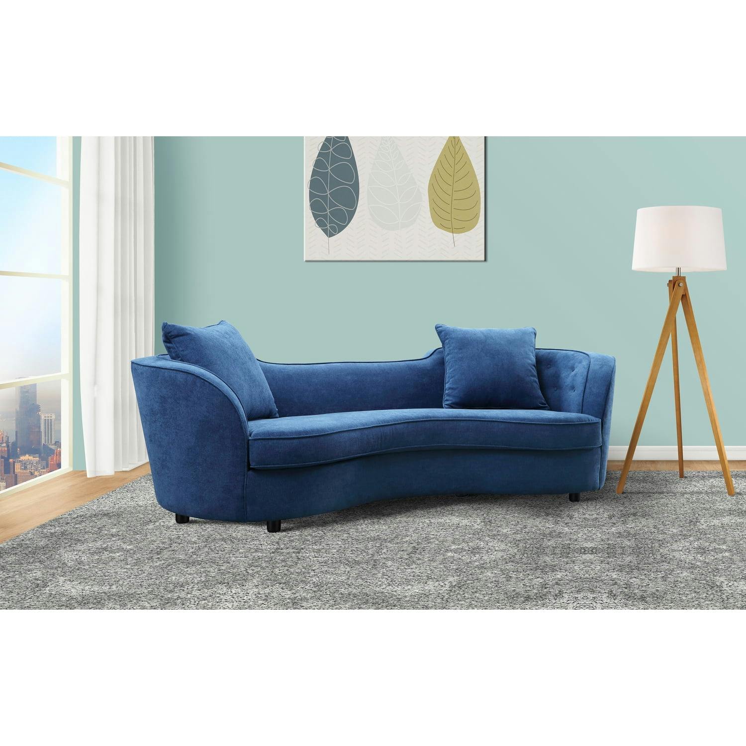 Palisade 98'' Blue Velvet Contemporary Sofa with Brown Wood Legs