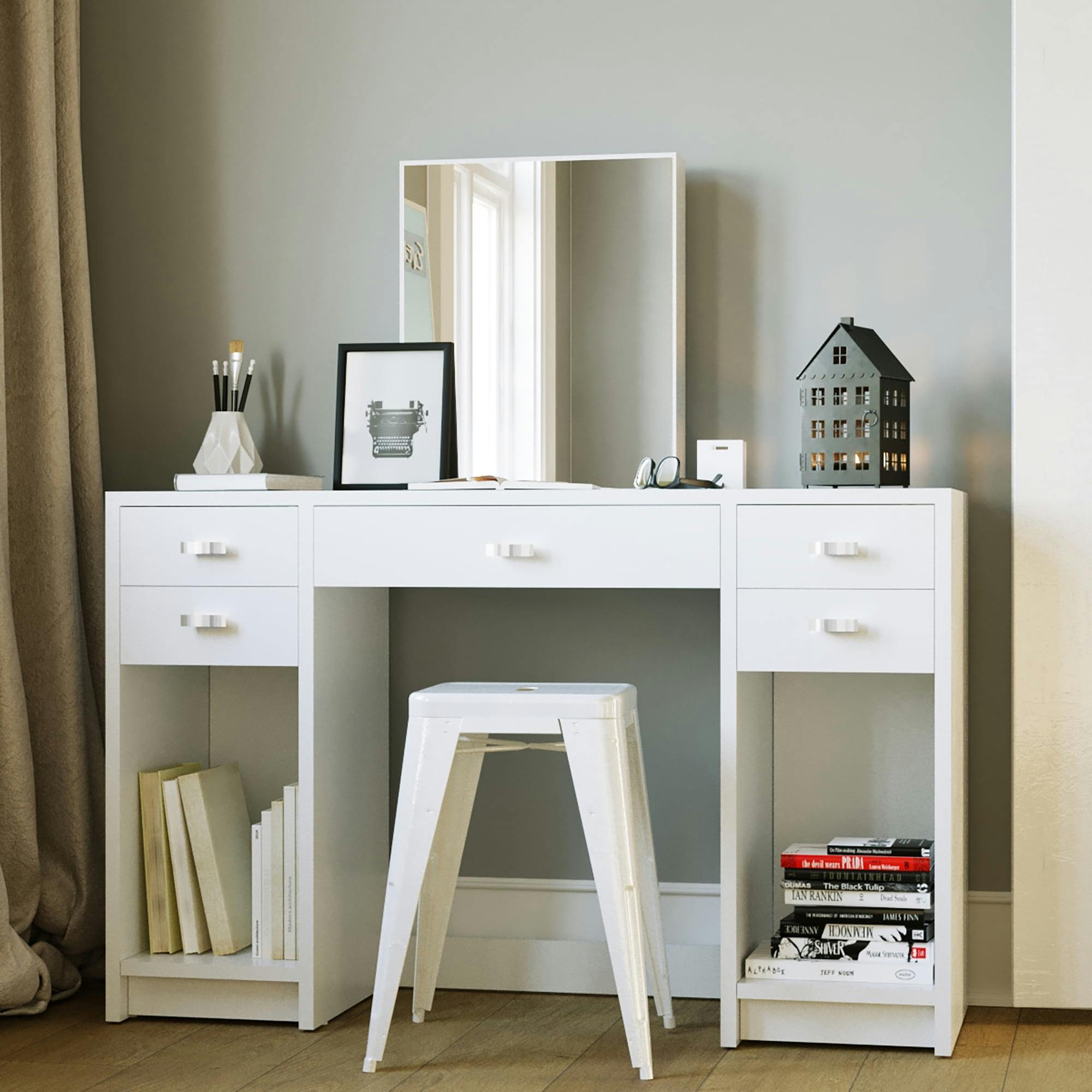 Christina Modern White Vanity Desk with Mirrored Center & Storage
