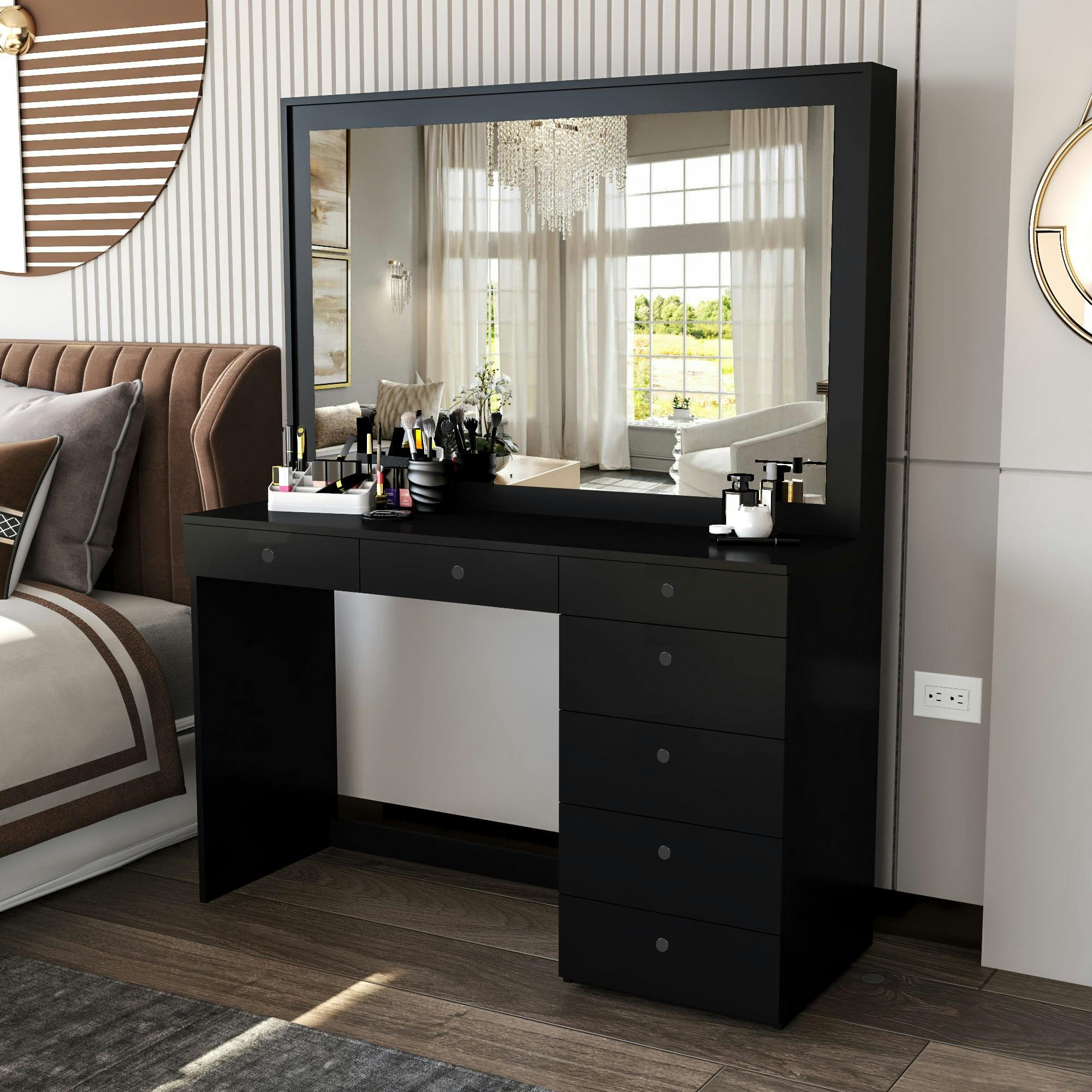 Modern Asymmetrical Black Vanity Table with Wide Mirror and 7 Drawers