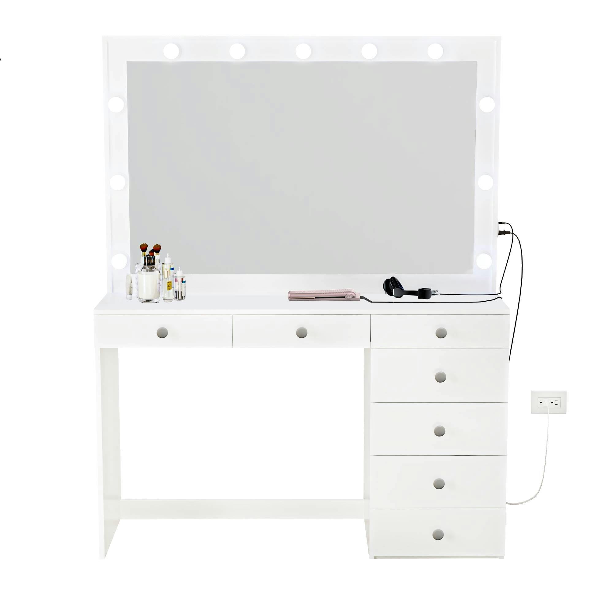 Elegant White Lighted Vanity Desk with USB and Power Outlet