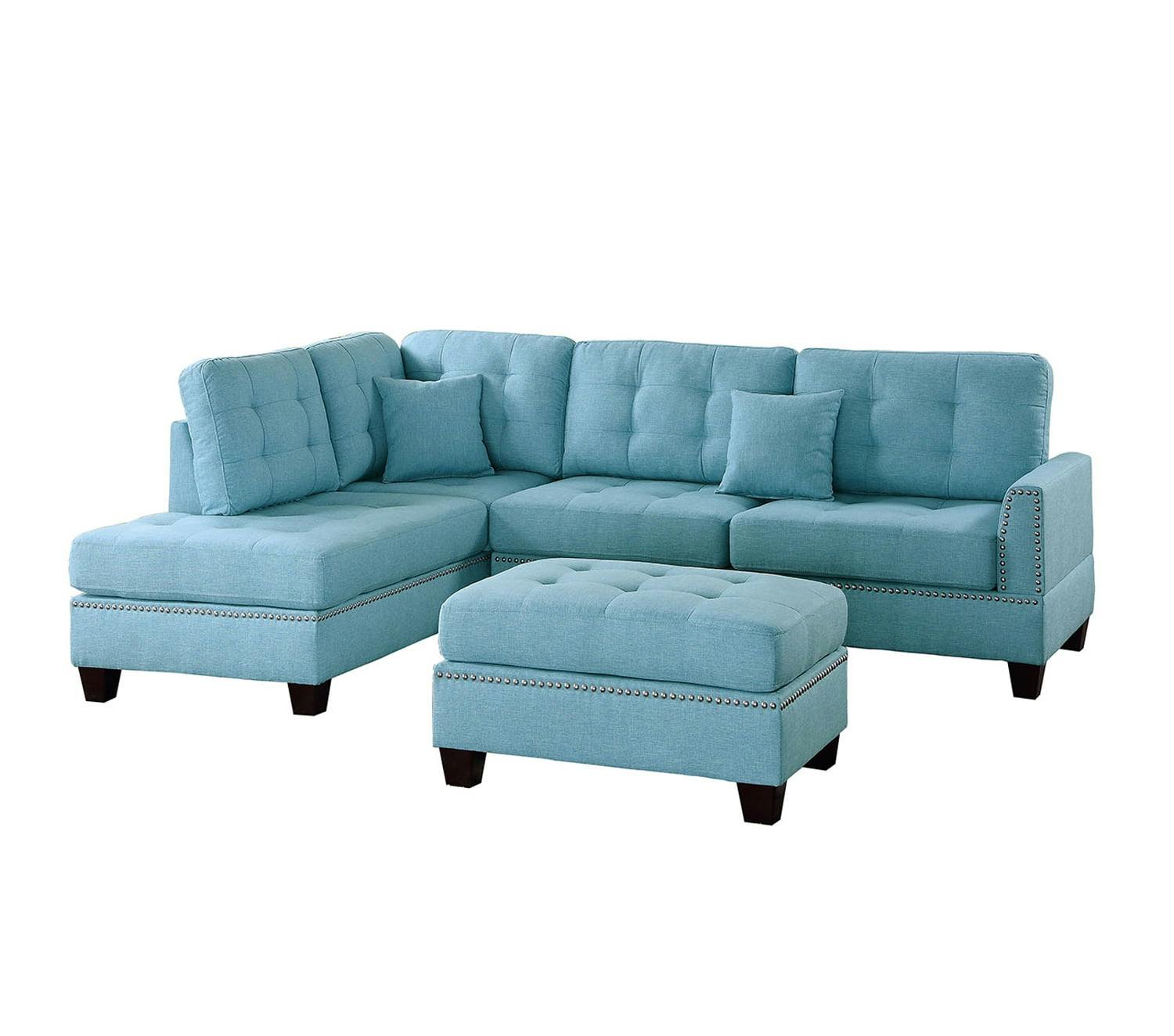 Chic Blue Gray Tufted 3-Piece Sectional Sofa with Ottoman