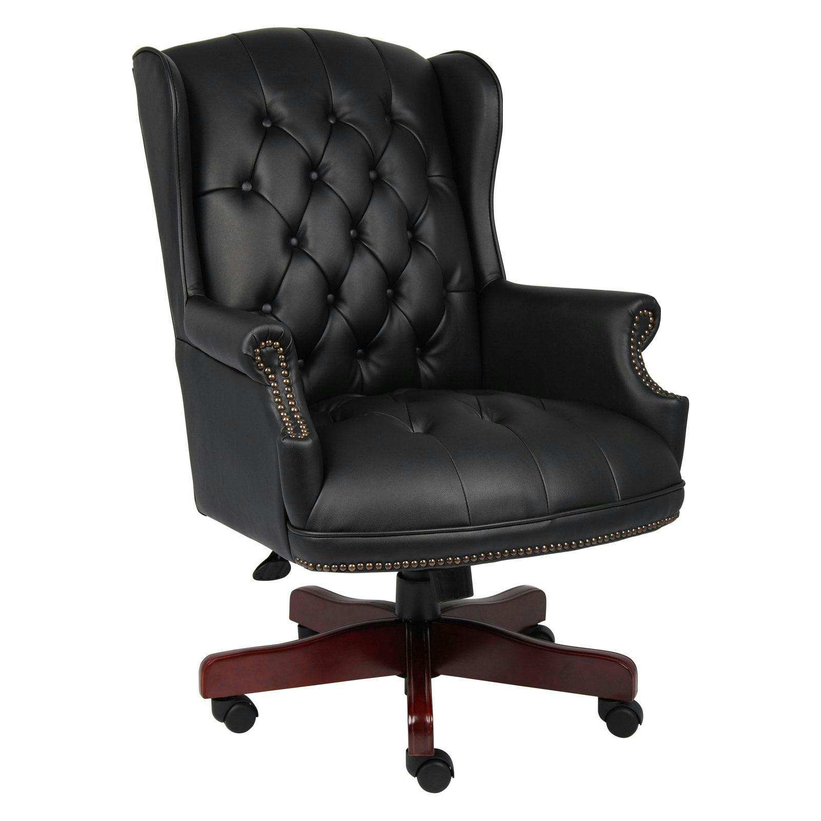 Elegant High-Back Swivel Banker Chair in Black Vinyl and Mahogany Wood