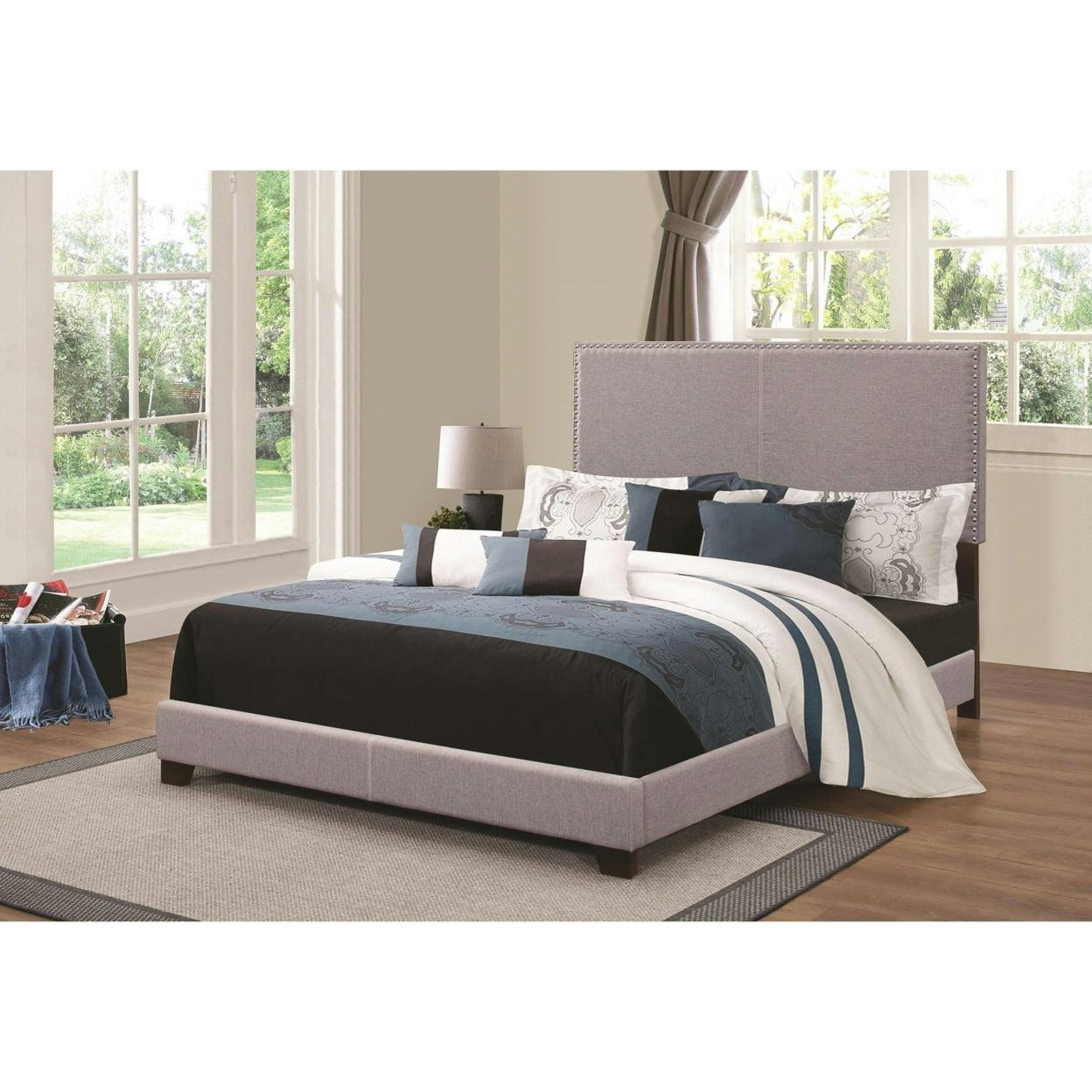 Modern Boyd Full Upholstered Bed with Chrome Nailhead Trim in Gray