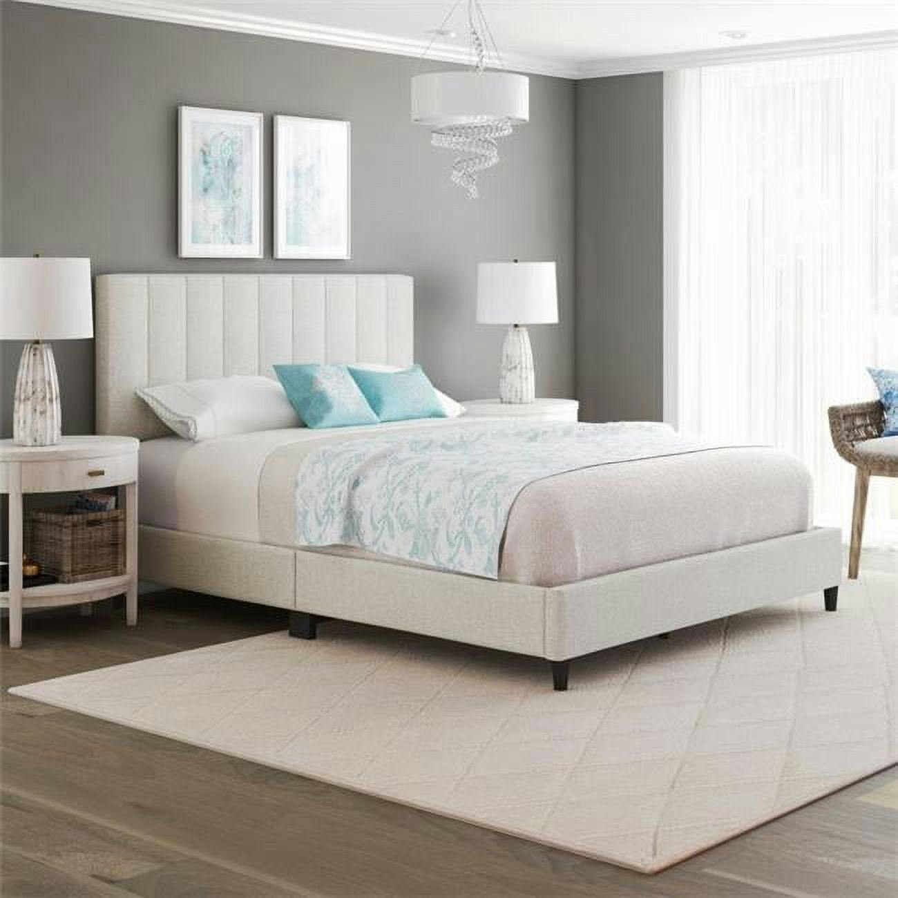 Leah Transitional White Linen Upholstered Queen Bed with Tufted Headboard