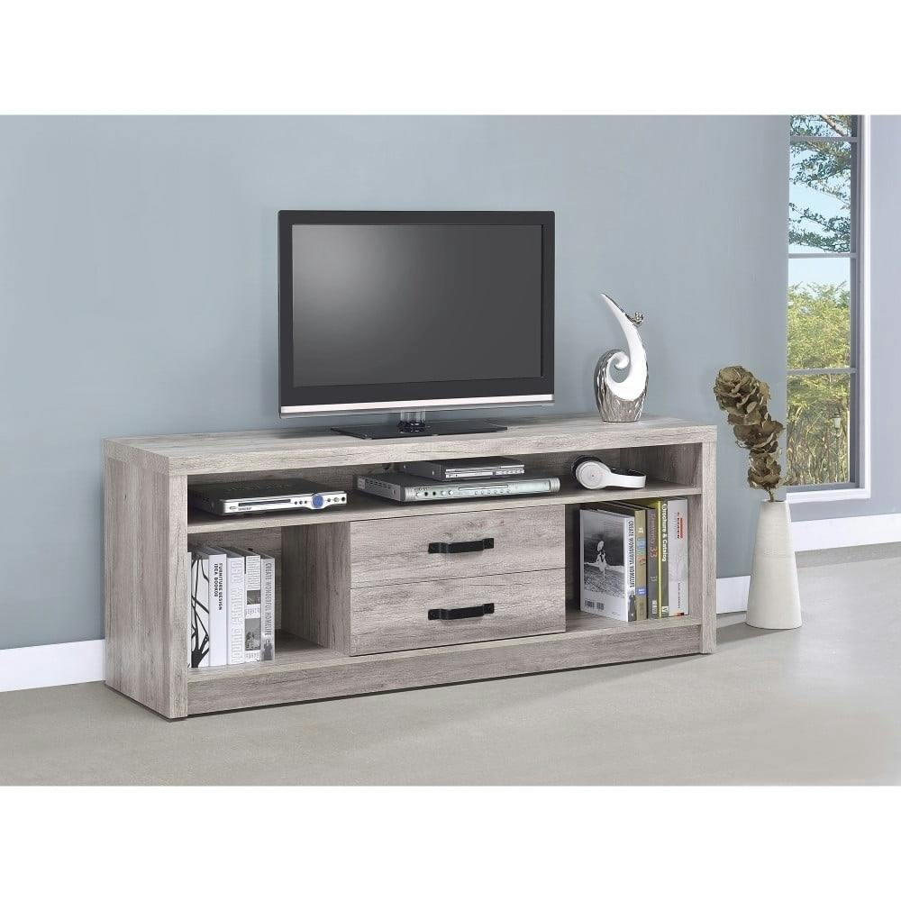 Modern Driftwood Gray TV Console with 2 Drawers and Open Shelving