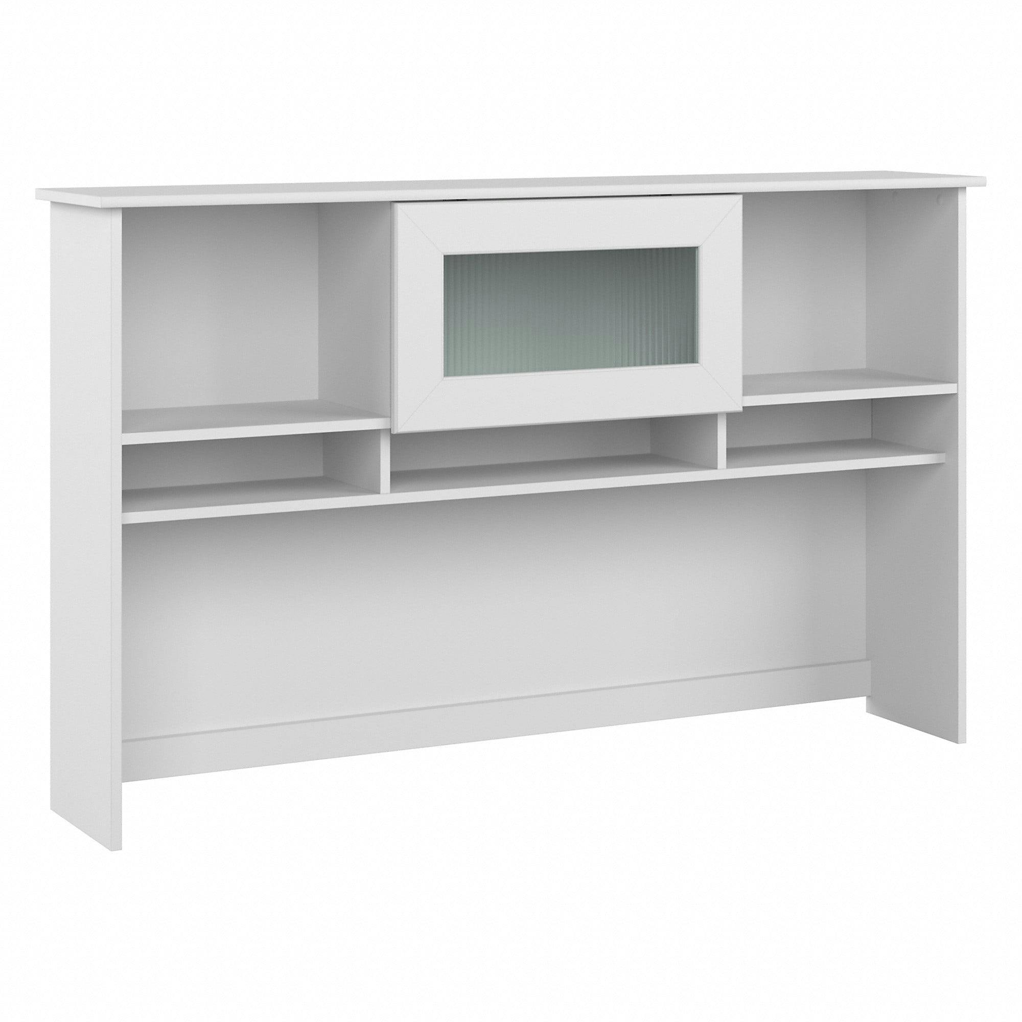 Elegant White Desk Hutch with Fluted Glass Door and Cable Management