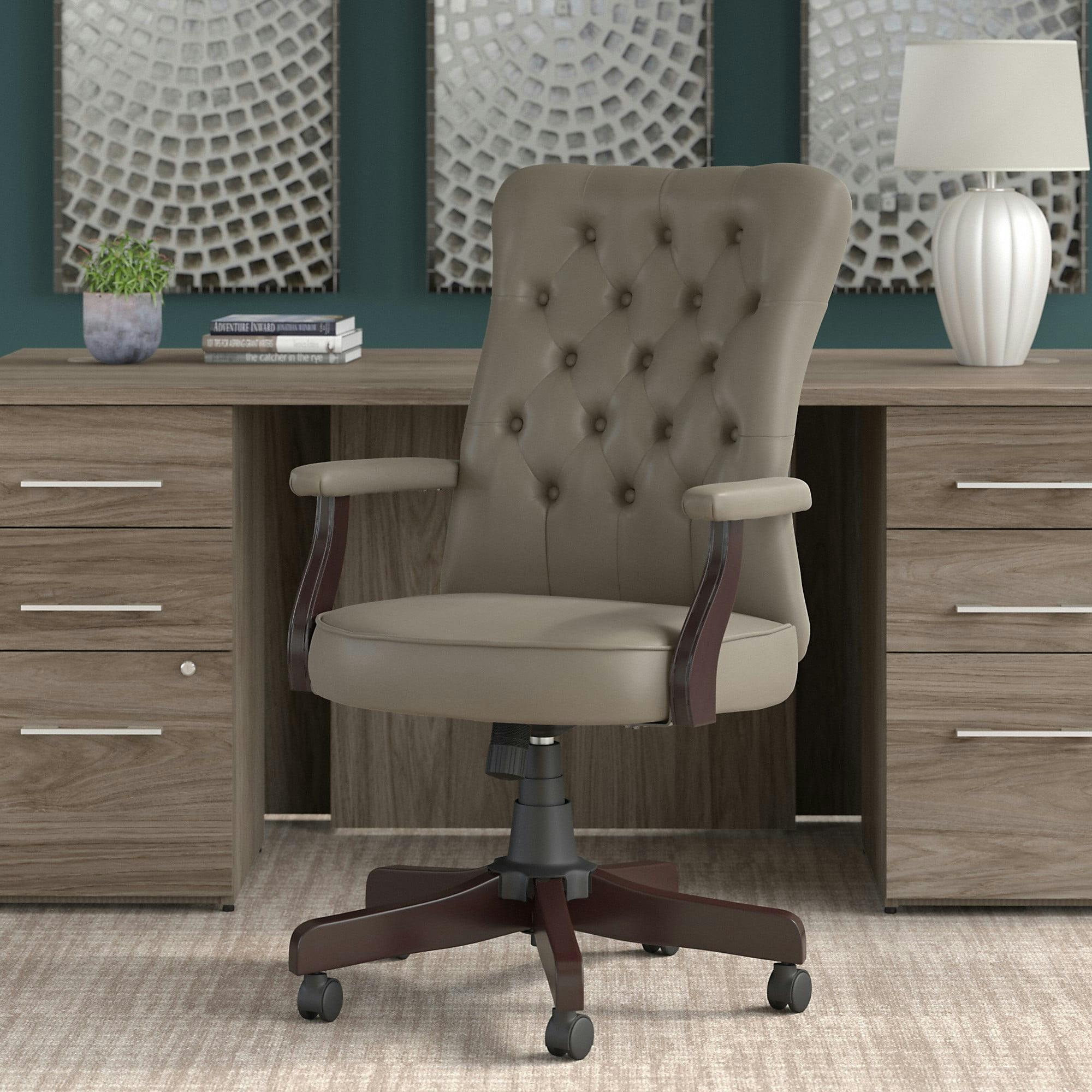 High-Back Swivel Office Chair with Adjustable Arms in Washed Gray Leather