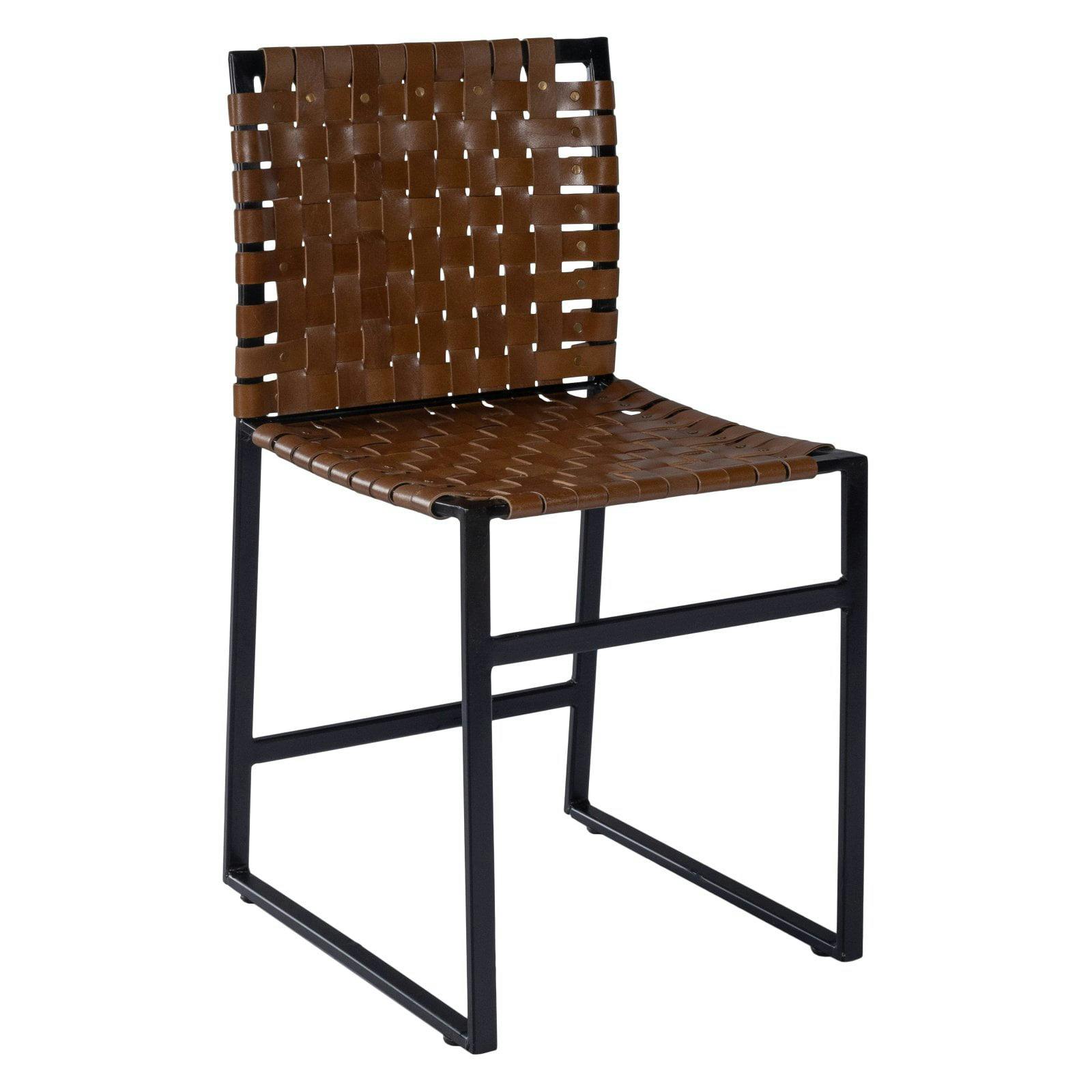 Urban Rustic Black Iron Base Genuine Leather Side Chair