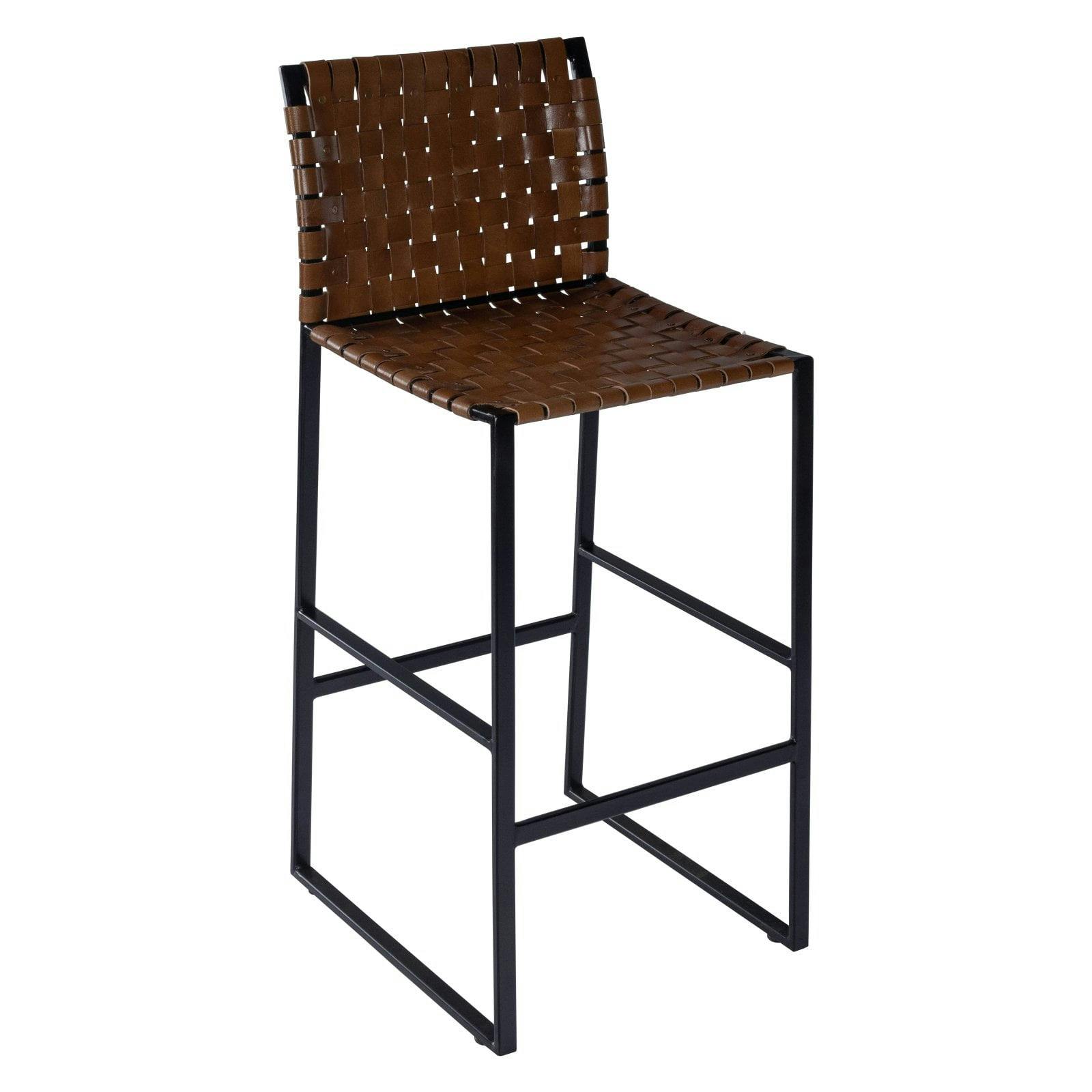 Urban Brown Woven Leather Bar Stool with Black Iron Base