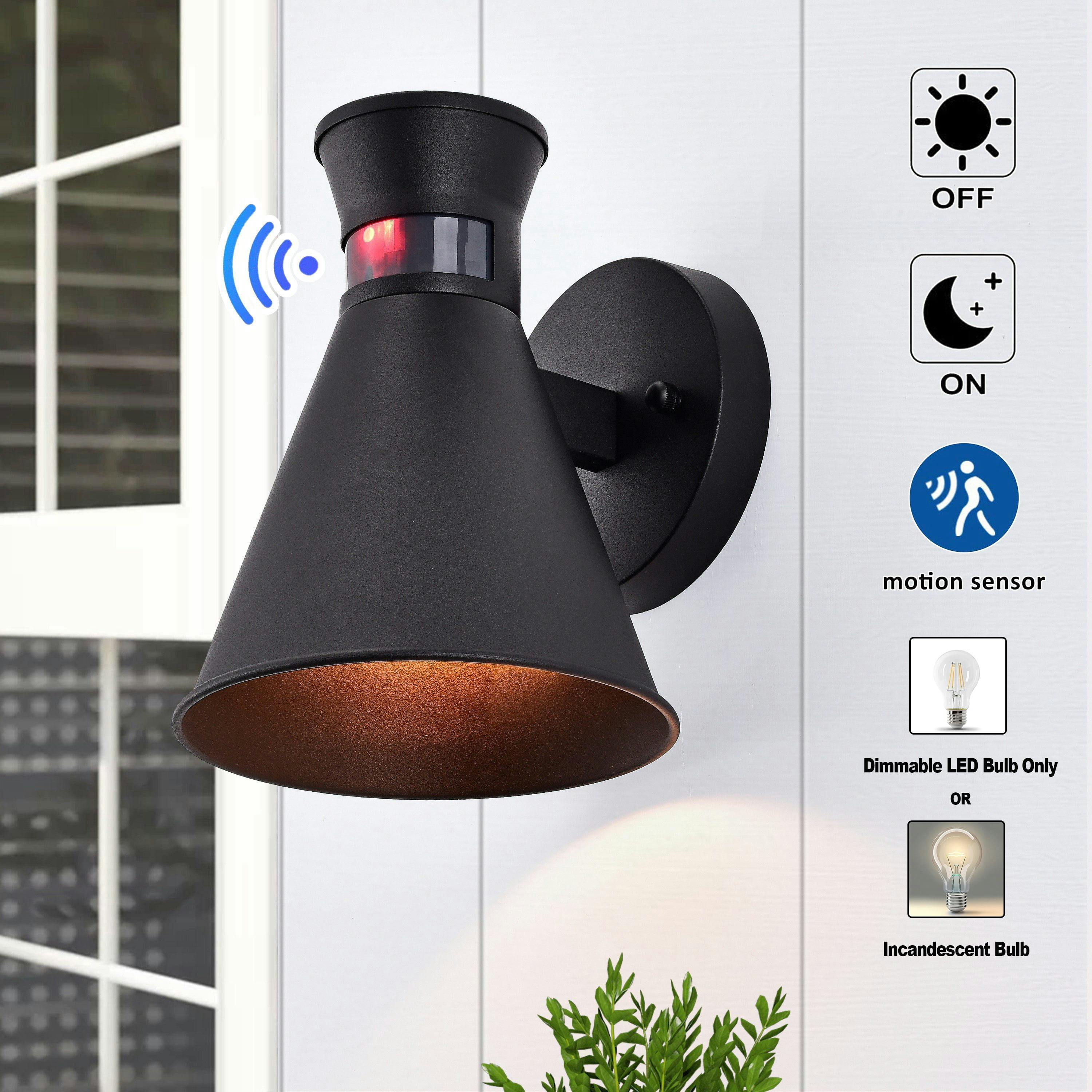 Modern Dual-Cone Black Outdoor Wall Sconce with Motion Sensor