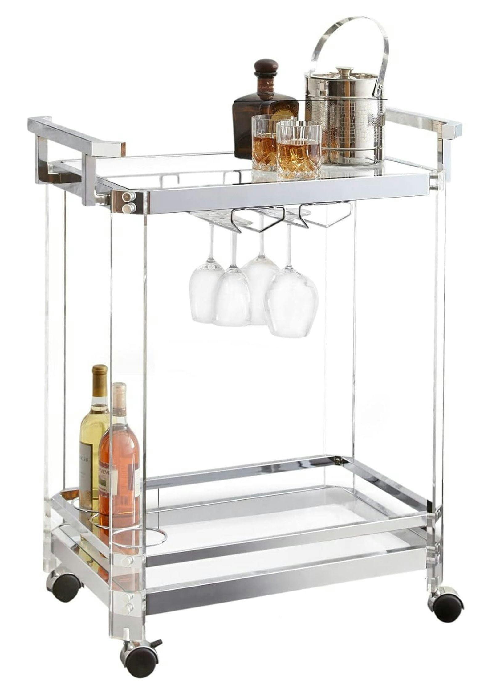 Aeron Modern Acrylic Serving Cart with Tempered Glass Shelves