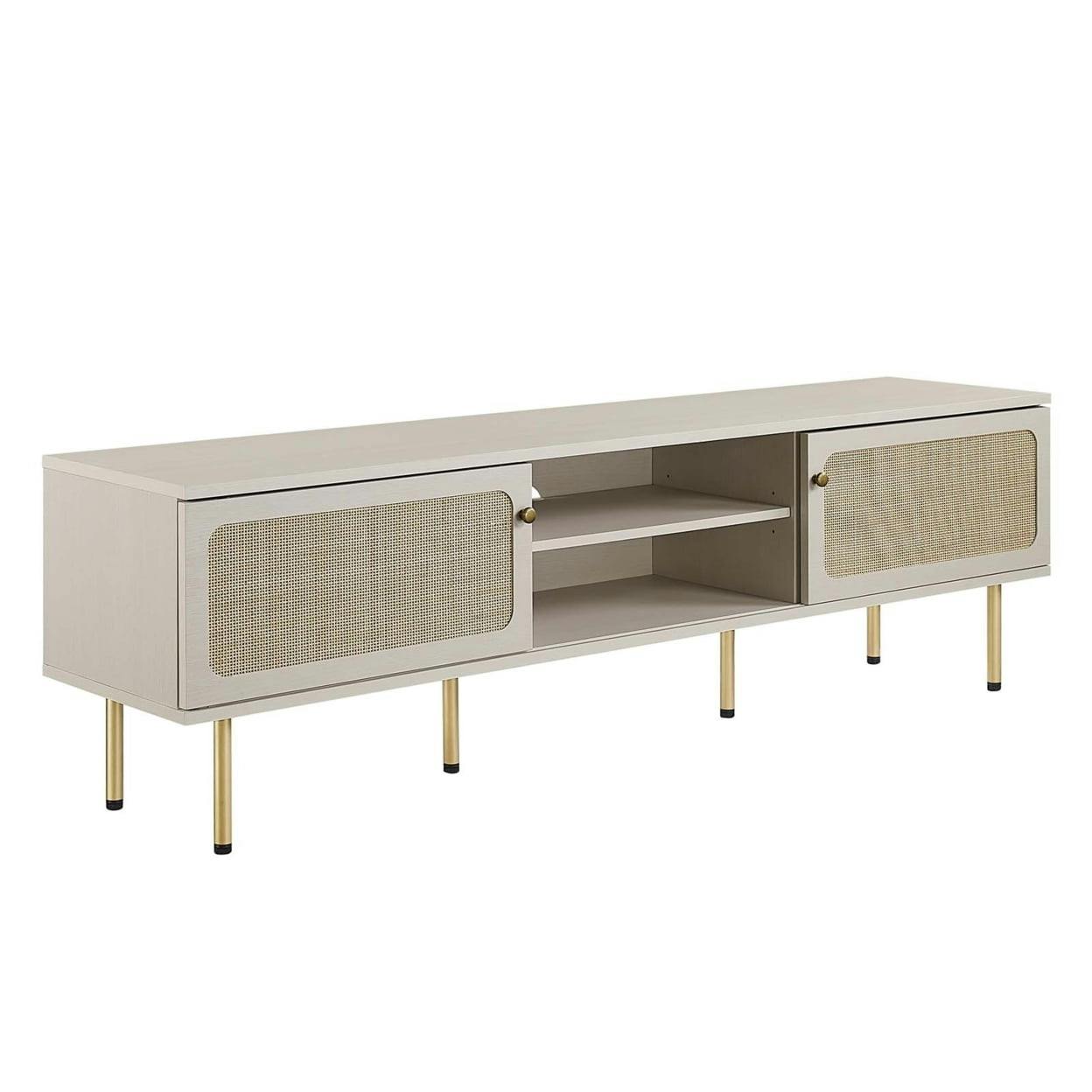 Cambria 70" White Particleboard TV Stand with Rattan Weave Cabinet