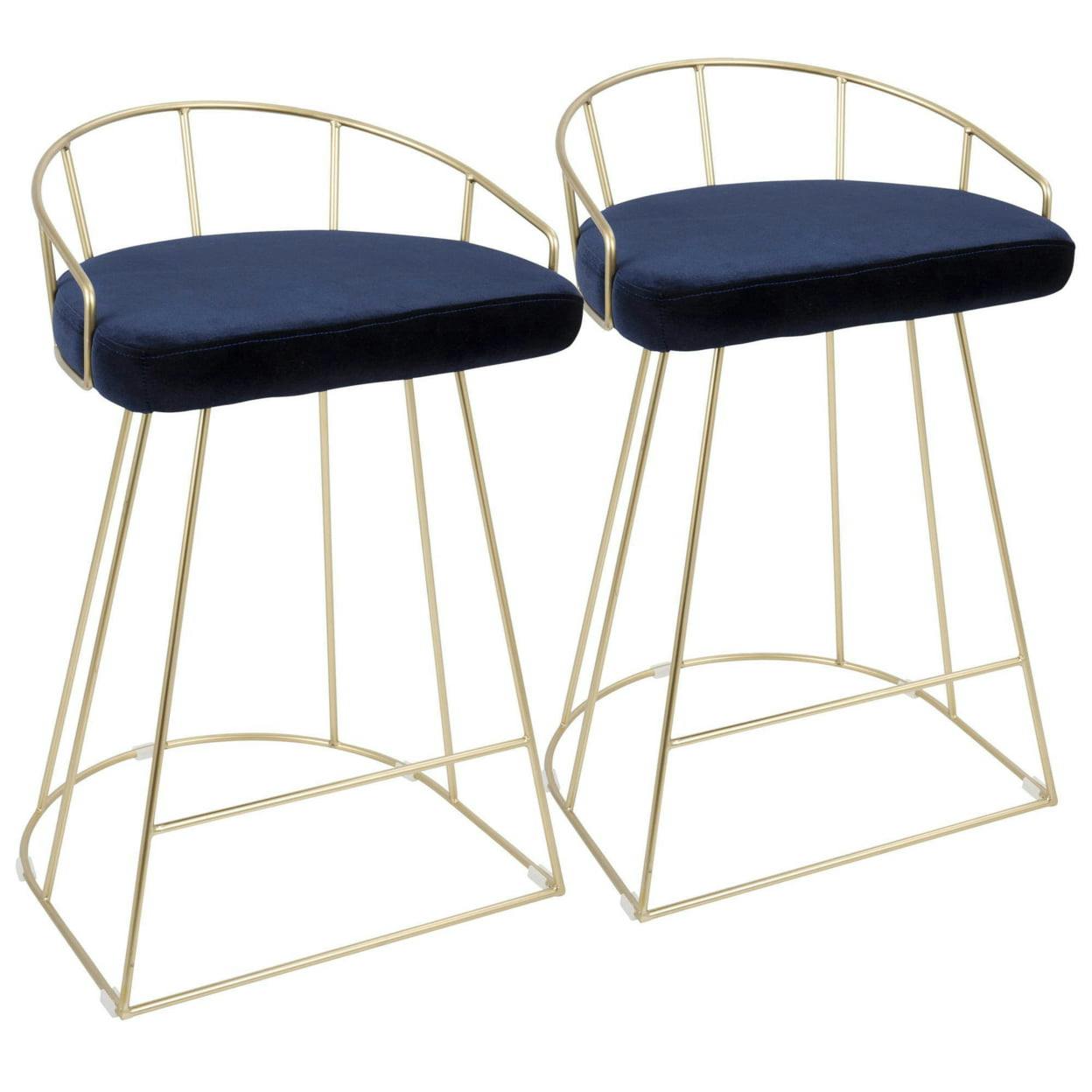 Contemporary Gold Metal and Blue Velvet Counter Stool - Set of 2