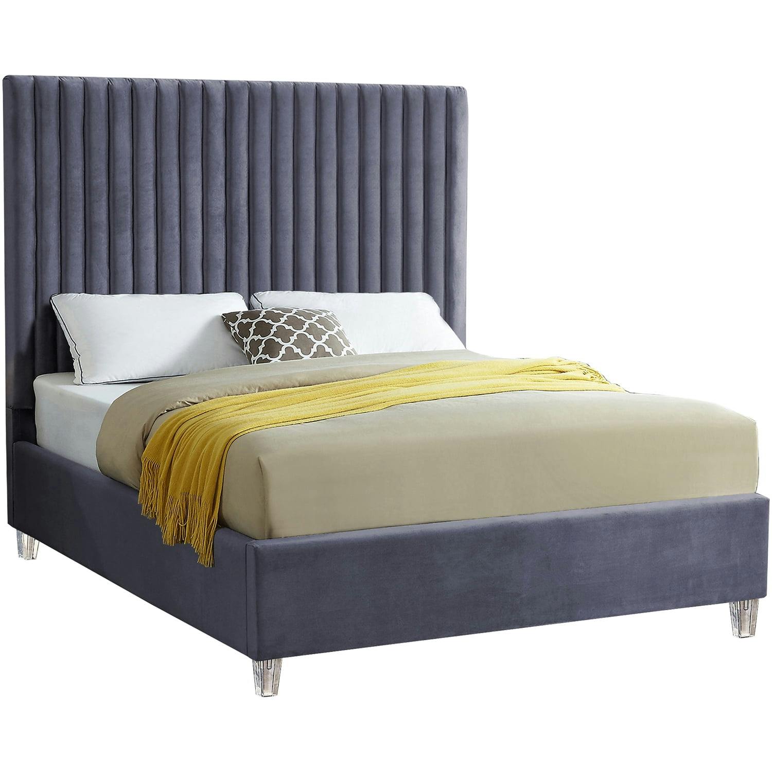 Elegant Candace Grey Velvet Tufted Queen Bed with Acrylic Legs