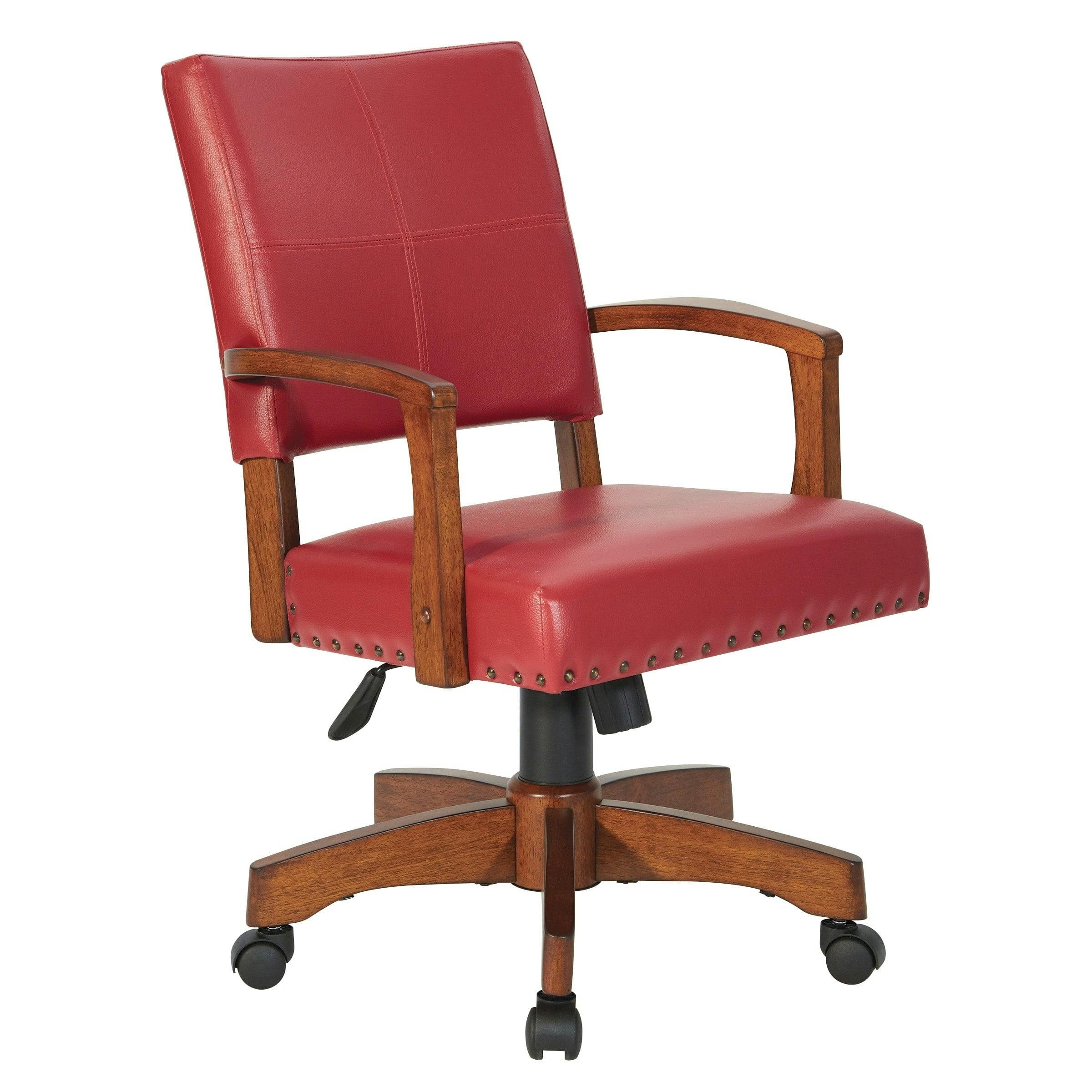 Elegant Red Faux Leather Swivel Banker's Chair with Wood Base