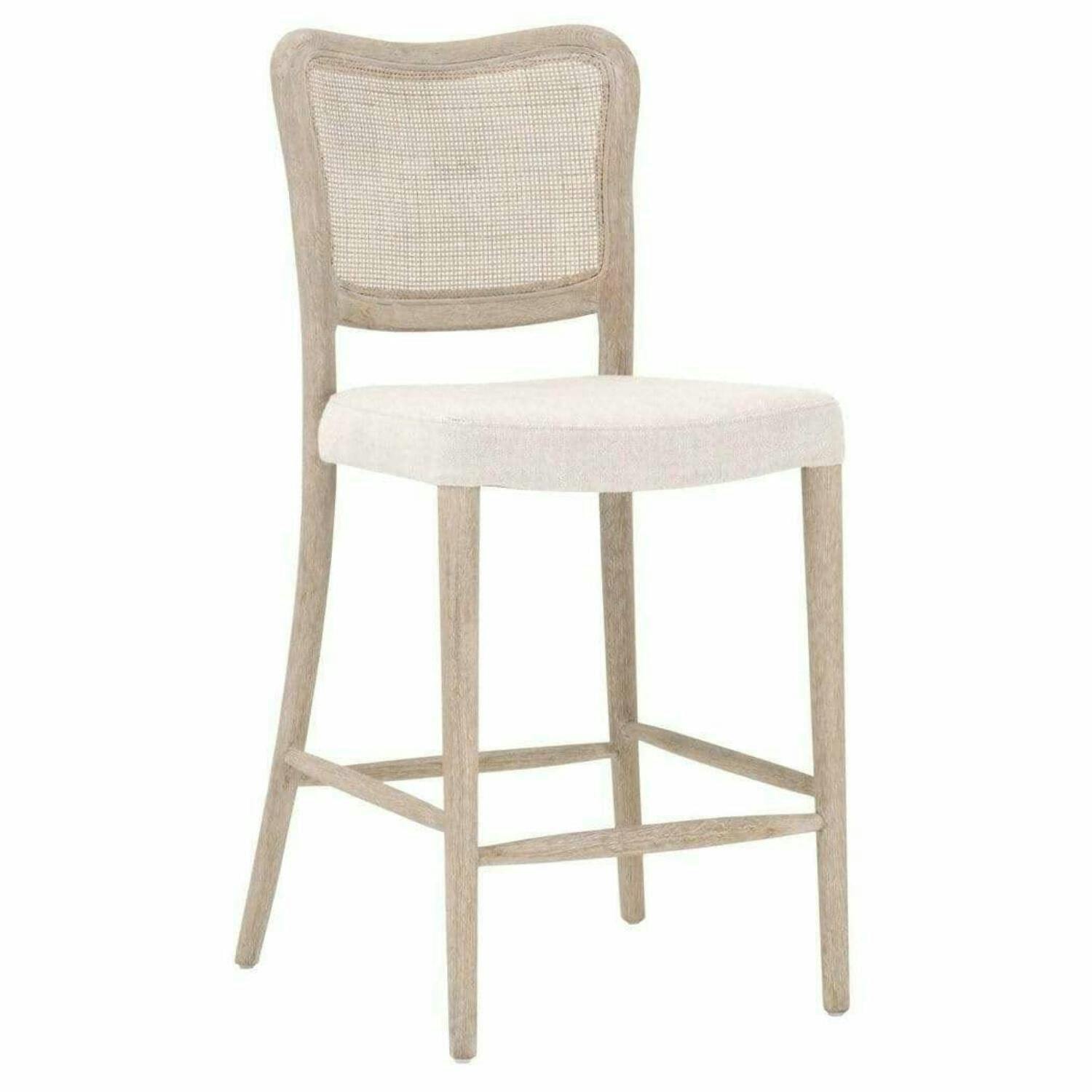Transitional Bisque Linen & Cane Counter Stool with Oak Base