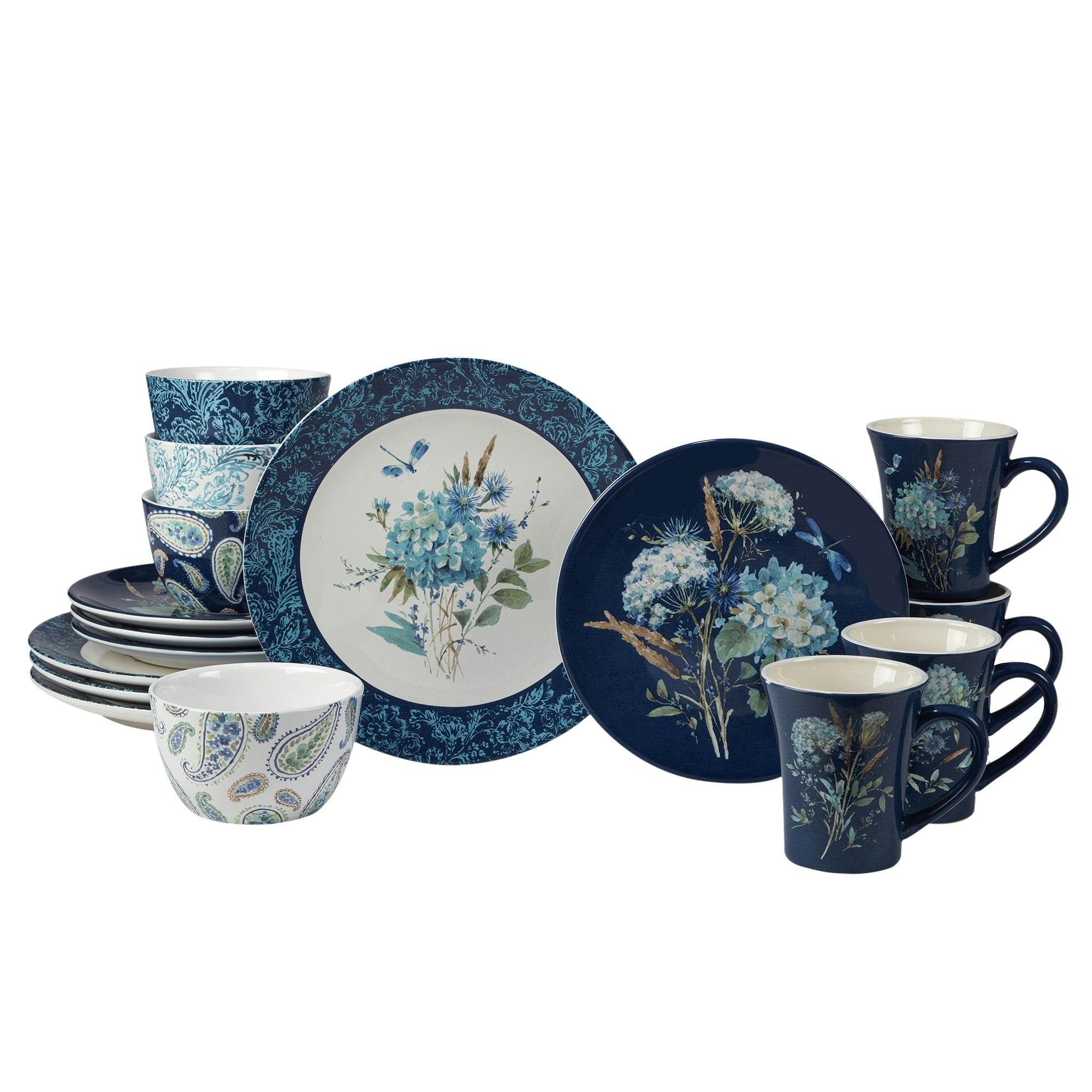 Bohemian Blue Floral Ceramic 16-Piece Dinnerware Set, Service for 4