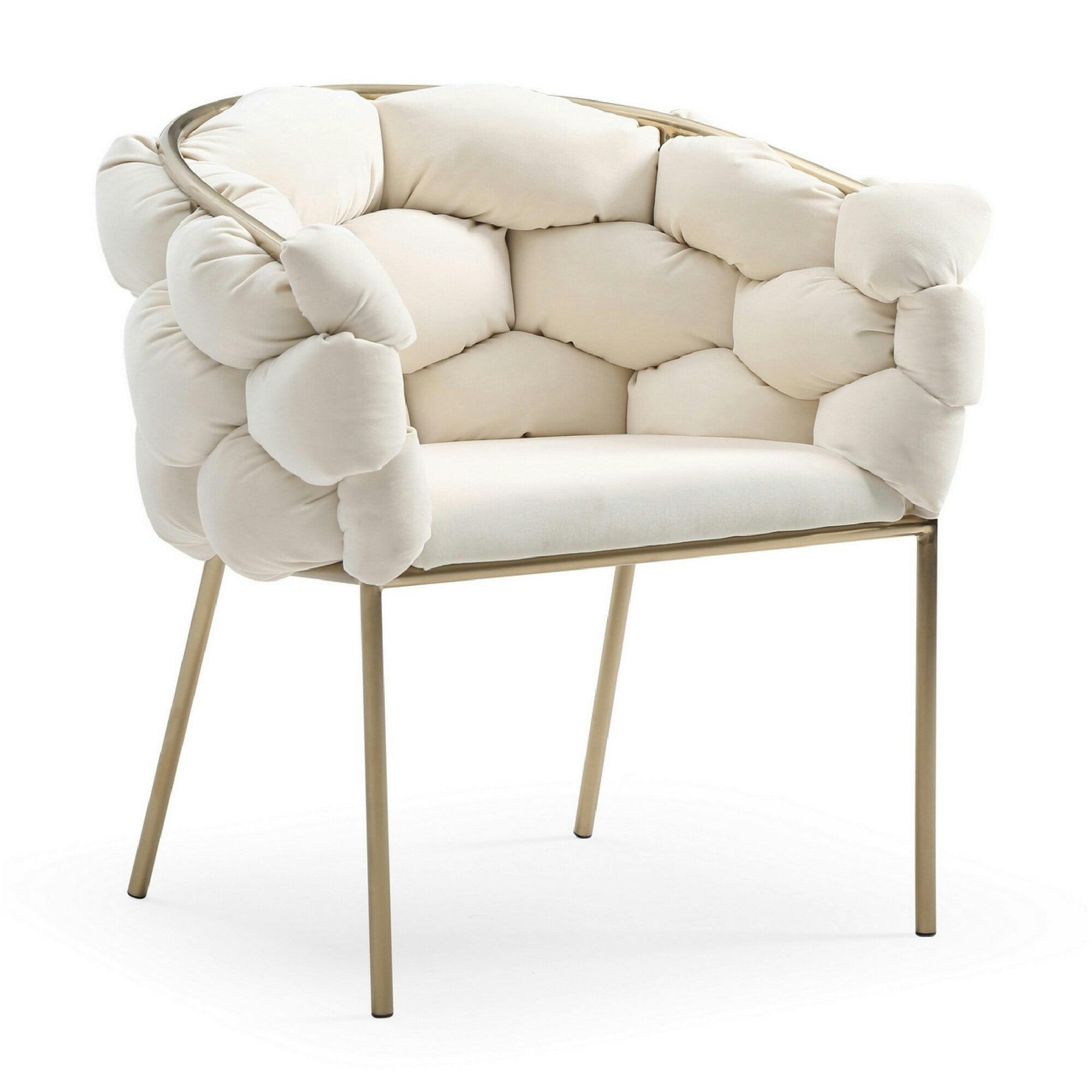 Luxurious White Velvet Bubble Tufted Arm Chair with Sleek Metal Legs