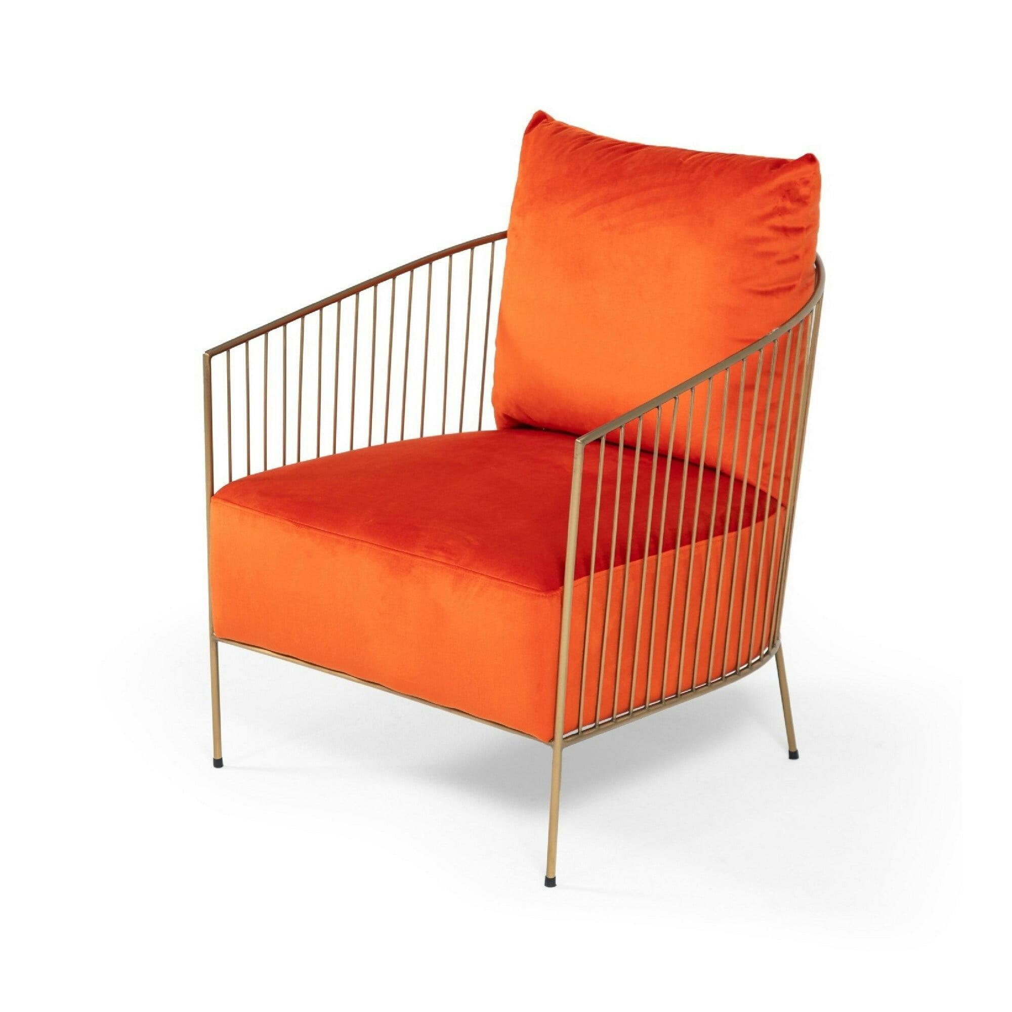 Modern Orange Velvet Accent Chair with Gold Slatted Arms