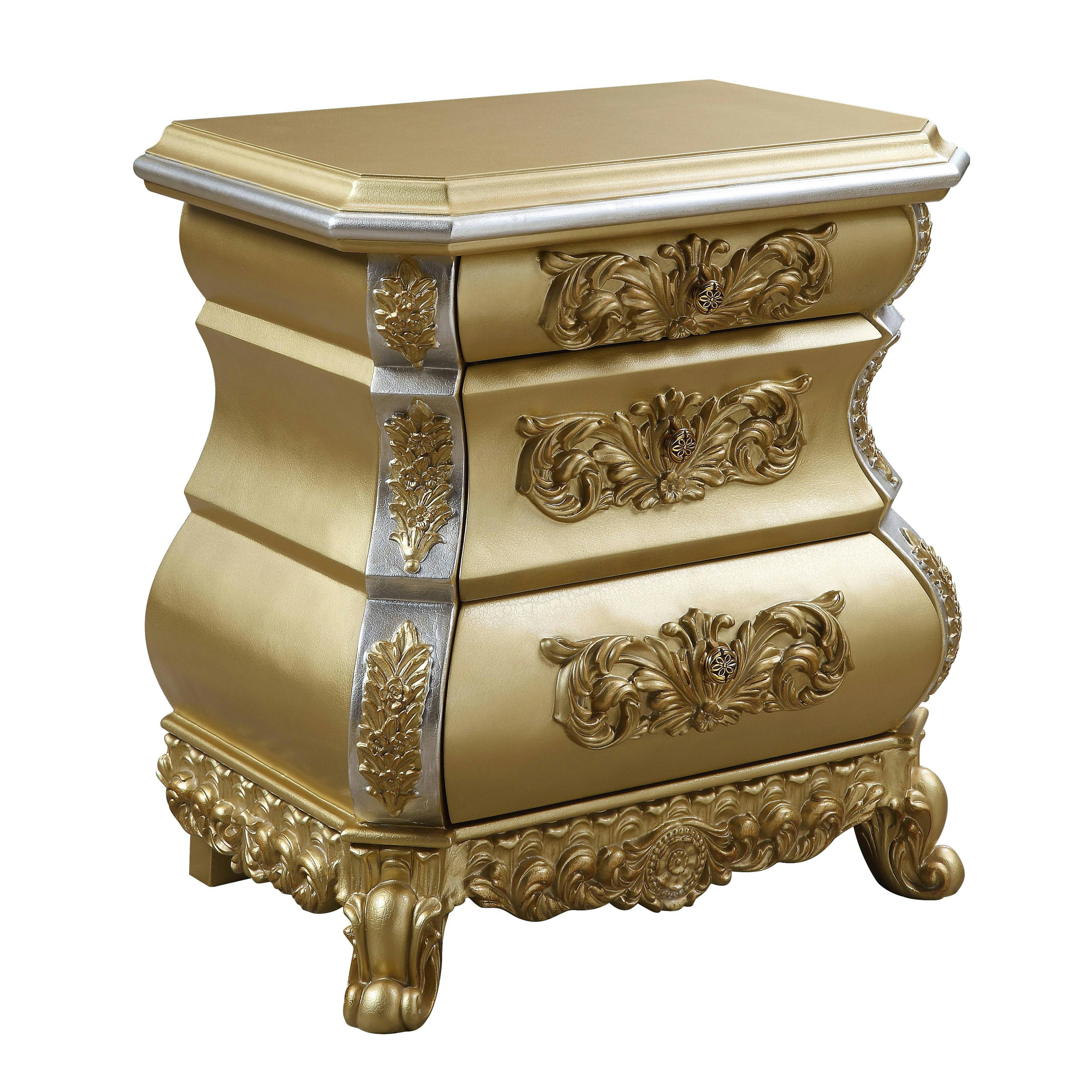 Seville Gold Finish 3-Drawer Nightstand with Carved Accents