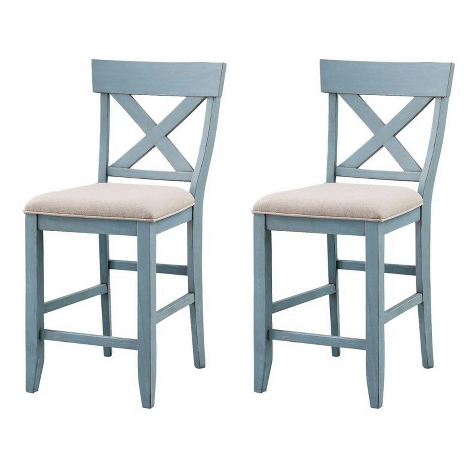 Bar Harbor Blue Upholstered Counter Stools with Natural Cushion, Set of 2